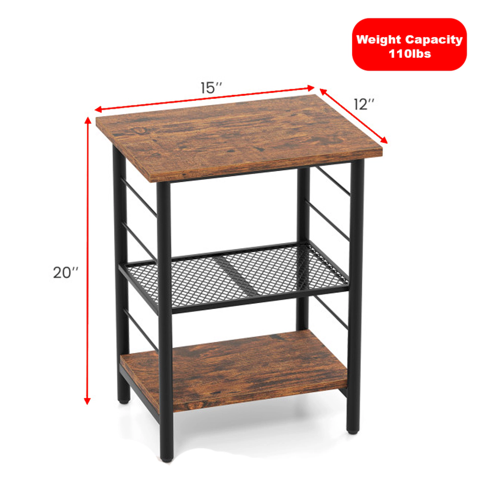Hivvago Industrial Style Bedside Table with 3- Tiers for Compact Bedroom and Living Room Spaces