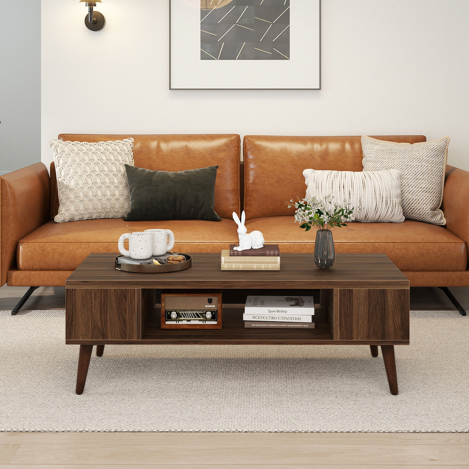 LJG 42 Inch Mid Century Modern Coffee Table Rectangular with Open Compartment