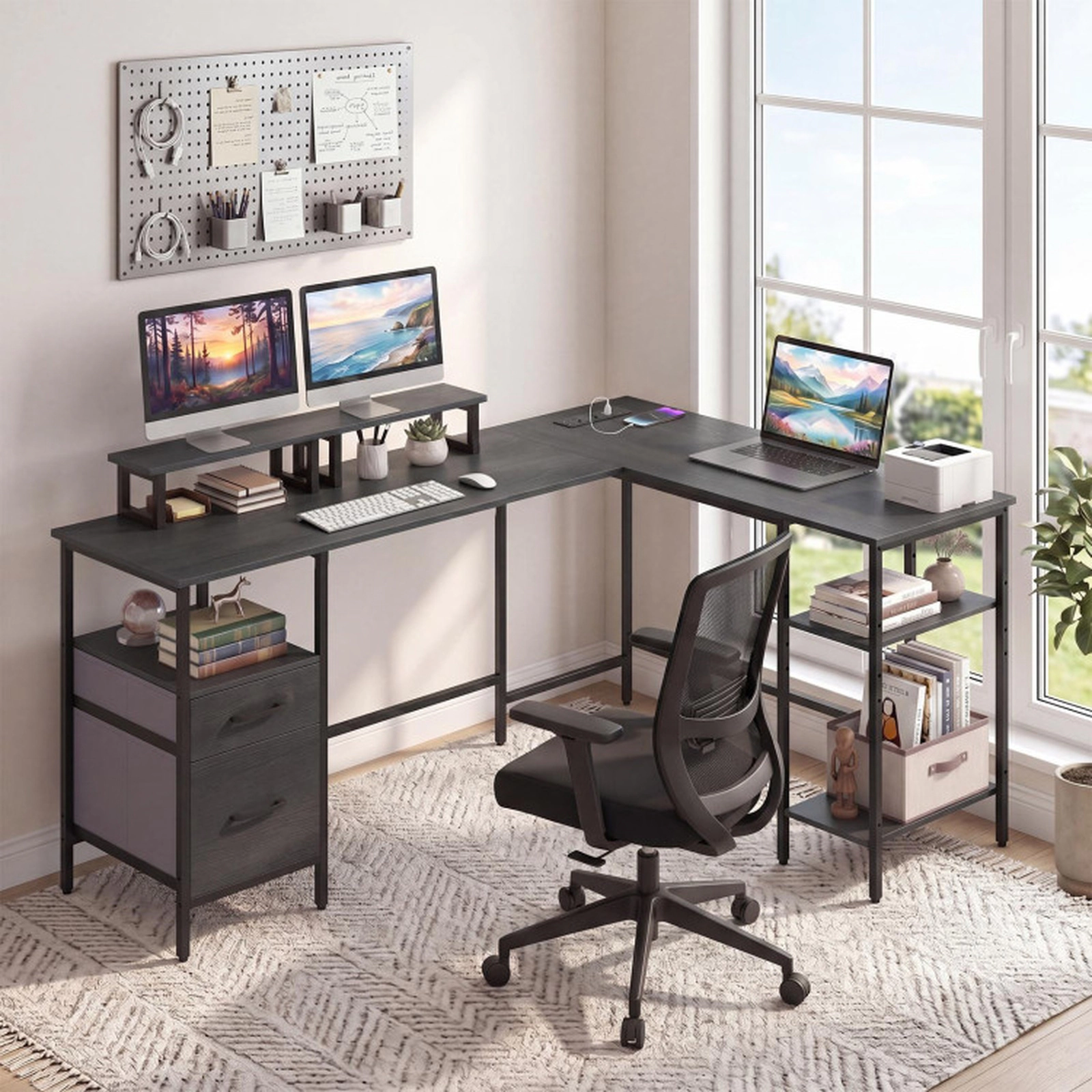 SUGIFT L Shaped Computer Desk with Power Outlet and Reversible Monitor Stands 155-lb Tabletop Capacity Black
