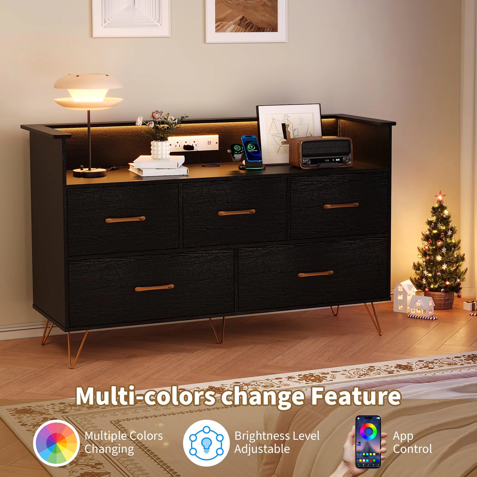 47" 5 Drawer Dresser with LED Lights & Charging Station, Wood Storage Chest
