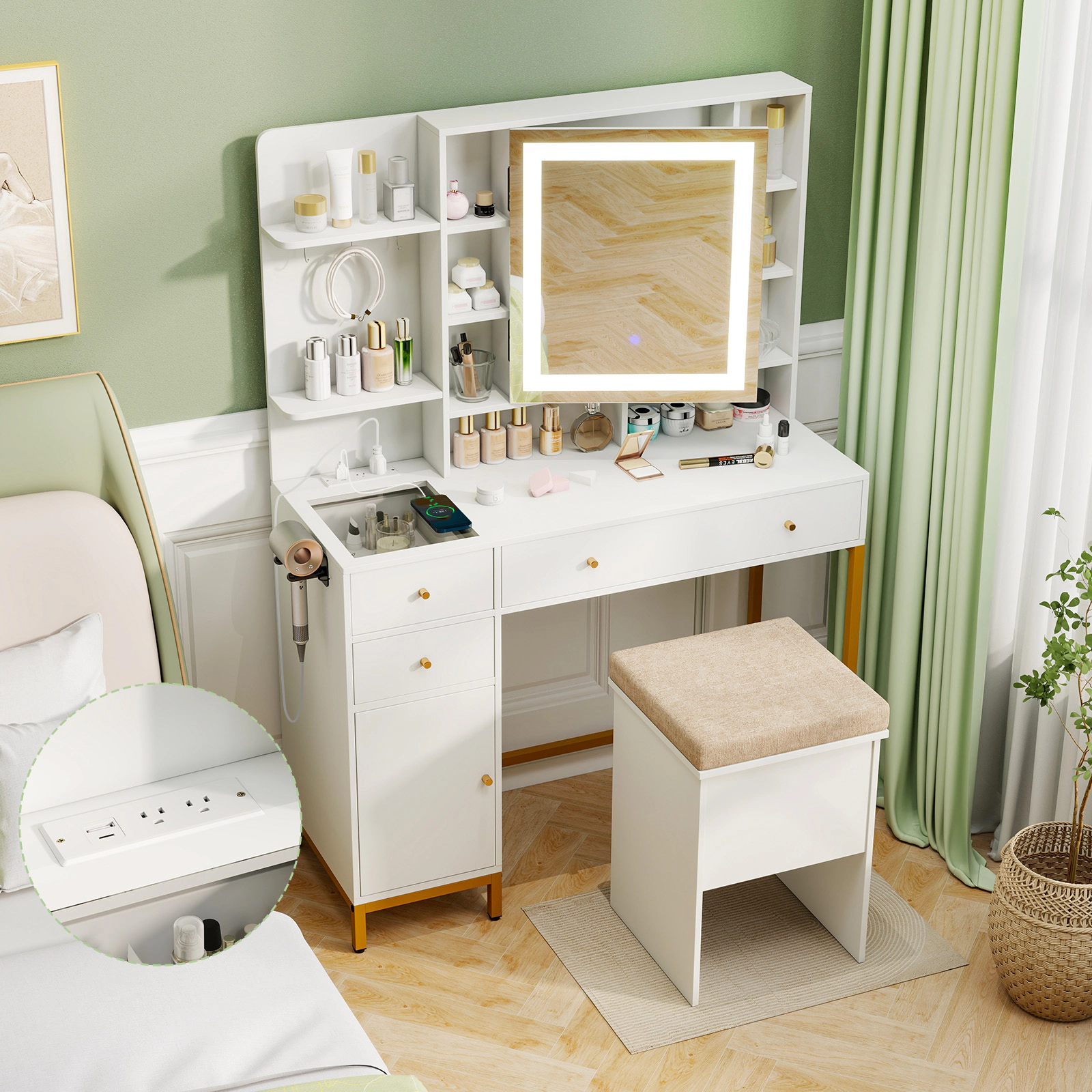 SUGIFT Lighted Makeup Vanity Table with Stool 154-lb Tabletop Capacity White + Gold