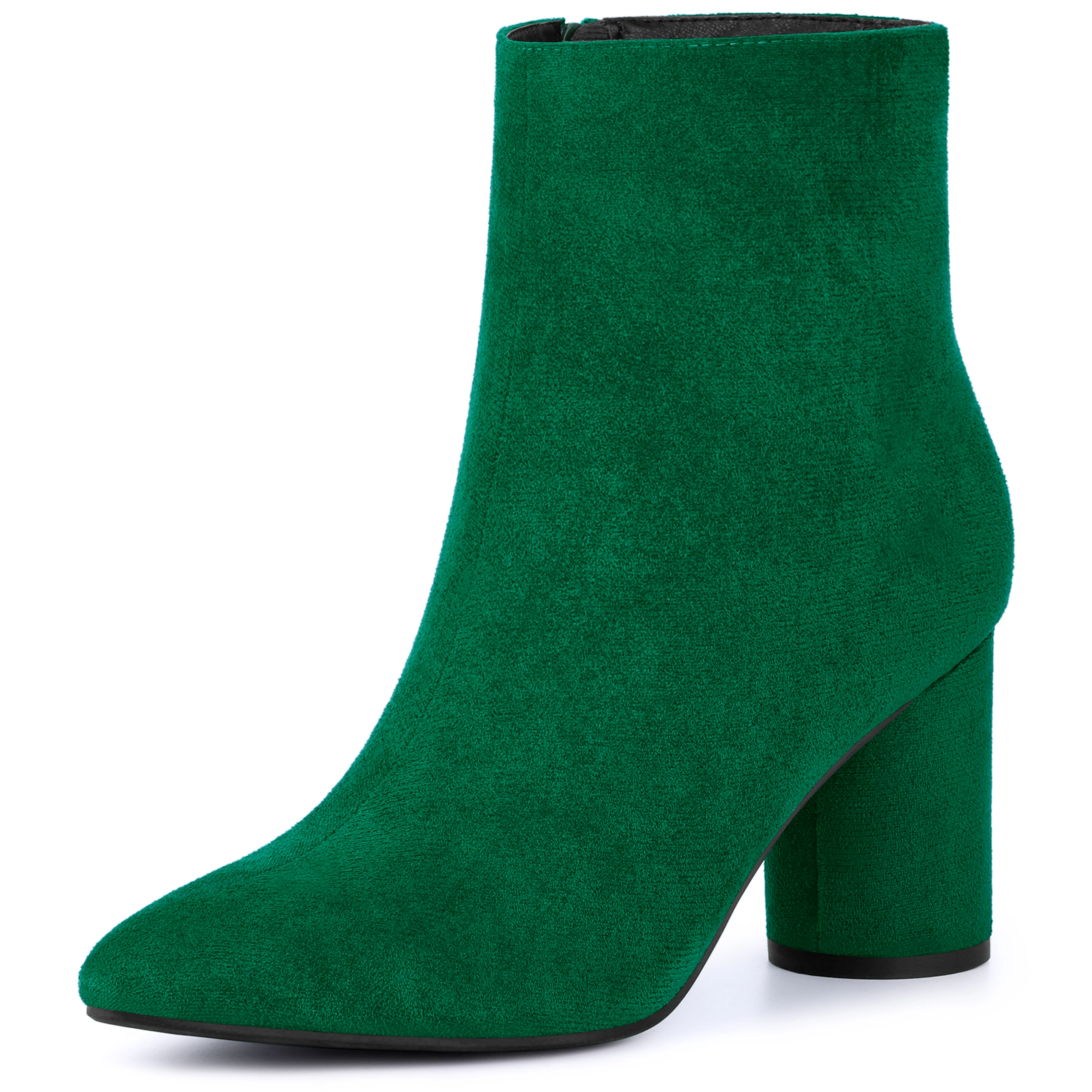 BLISSFUL STEP Women Faux Suede Pointy Toe Block Heel Ankle Boots Rubber Outsole