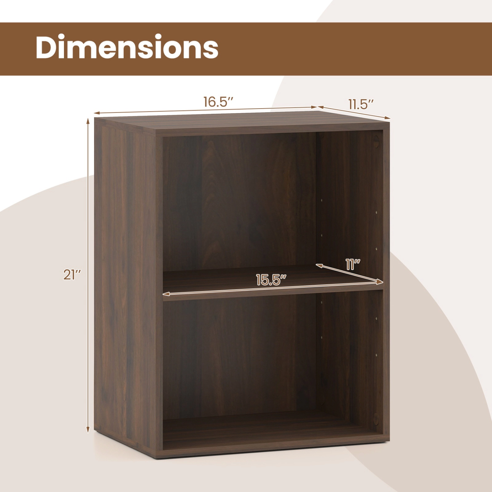 SUGIFT 2-Cube Dark Walnut 21-in Low Bookshelf with 5-Position Adjustable Shelf and Floor Standing Cube