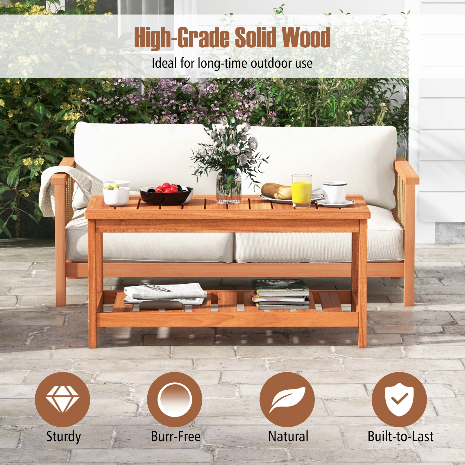 SUGIFT 2-Tier Patio Coffee Table Slatted Tabletop & Storage Shelf 110-lb Tabletop Capacity 55-lb Shelf Capacity Natural