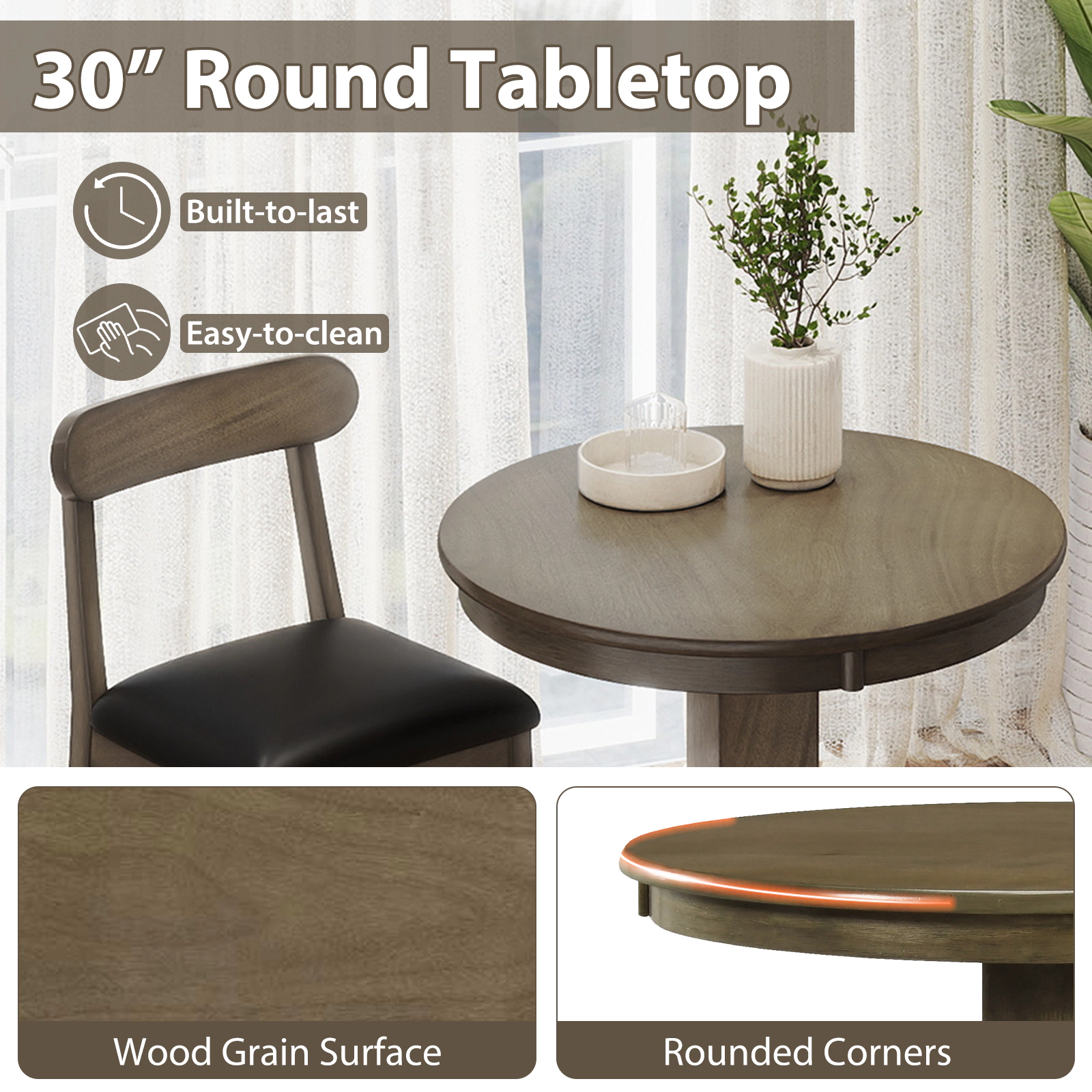 SUGIFT Rubber Wood Pub Round Dining Table with Pedestal Base 180-lb Capacity Espresso/Gray