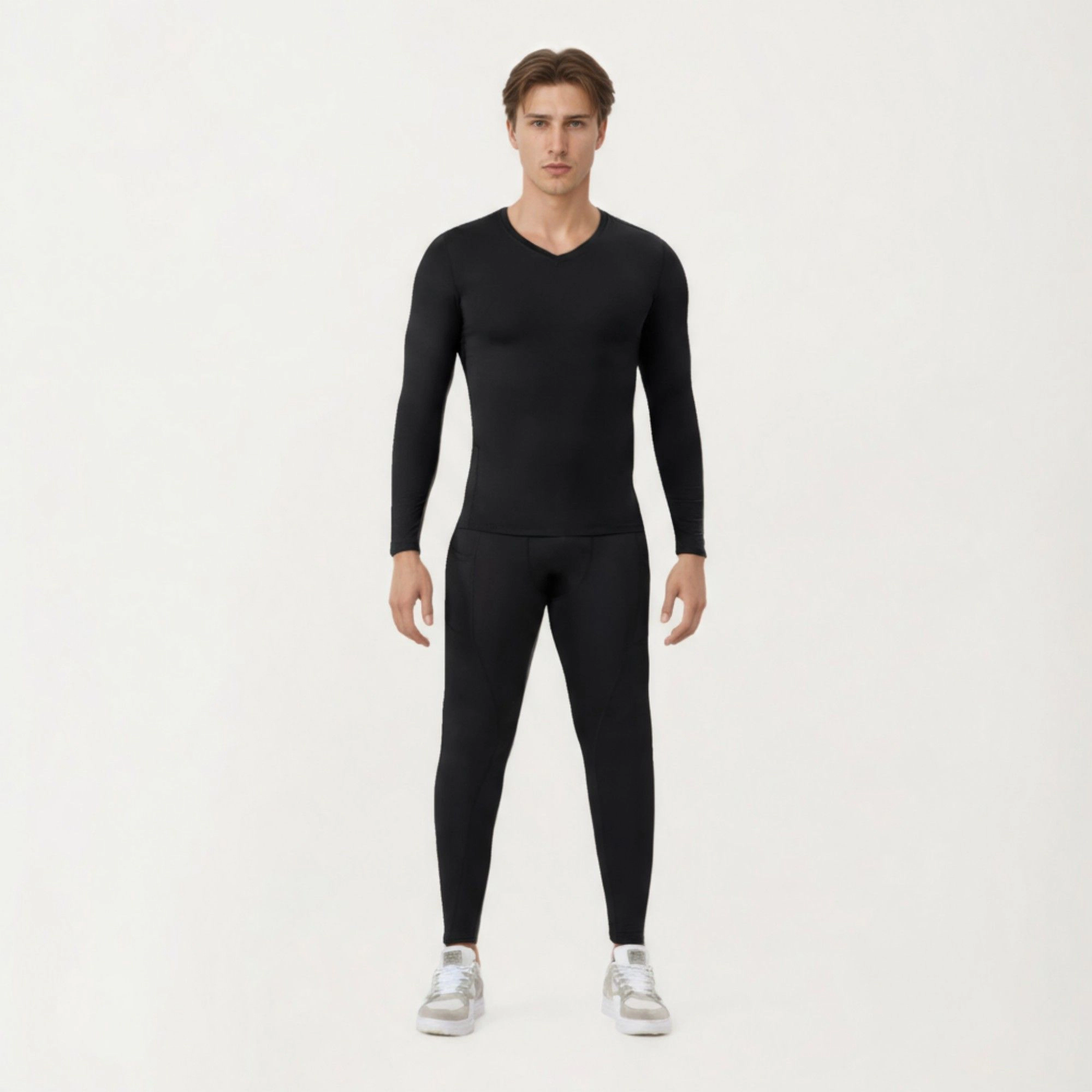 Anna-Kaci Men's Long Sleeve Compression Athletic Shirt with Stretch Fabric and V-Neck Design