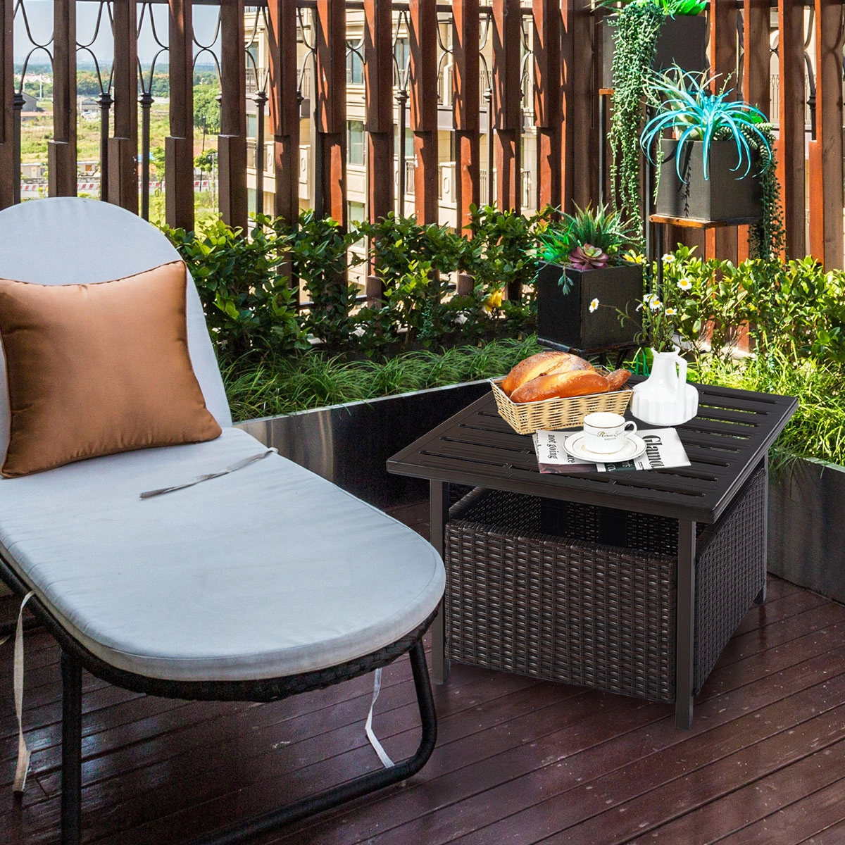 SUGIFT 22 in Square Patio Side Table Brown Rattan Wicker with Steel Frame and Umbrella Hole