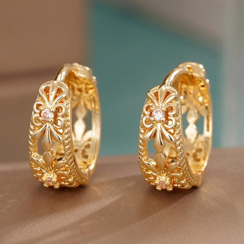 Wardrobe Whimsy Vintage Floral Hollow Hoop Earrings Cubic Zirconia Two Tone for Women