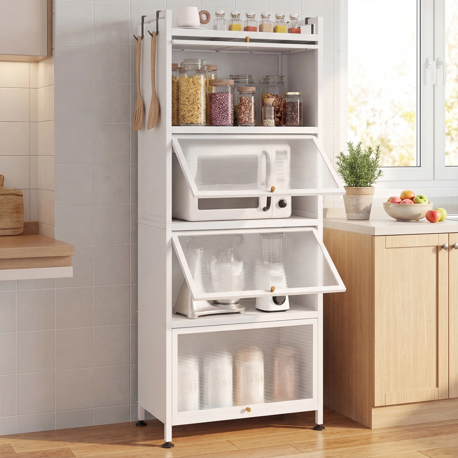 SUGIFT 5-Tier Kitchen Bakers Rack with Flip-Up PC Doors and Adjustable Foot Pads