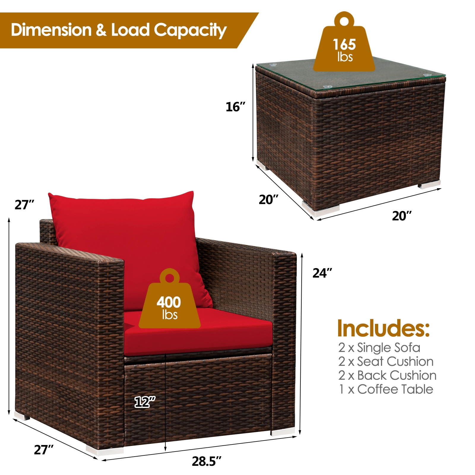 SUGIFT 3-Piece Steel Rattan Patio Conversation Furniture Set Cushions 400-lb Sofa Capacity Brown Rattan Red Cushions