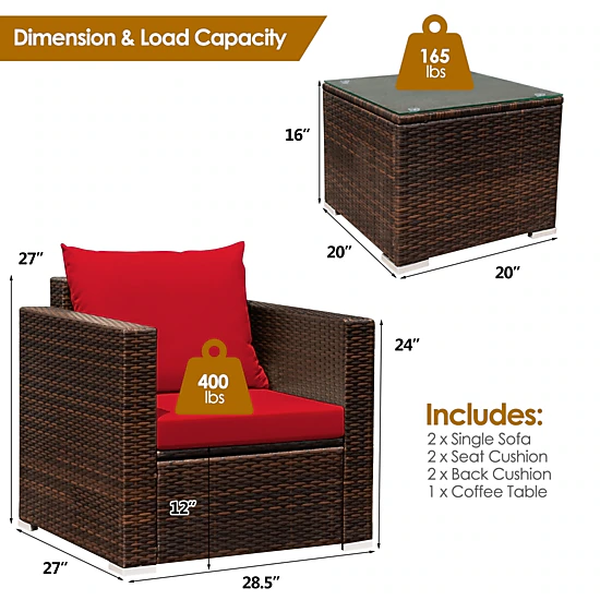 LJG 3 Pcs Patio Conversation Rattan Furniture Set with Cushion