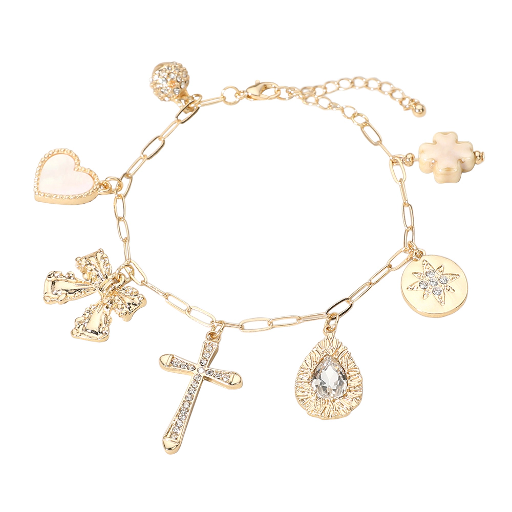 FASHNZFAB Stone Paved Cross Ball Bow Mother of Pearl Heart Glazed Clover Charm Station Paperclip Chain Bracelet