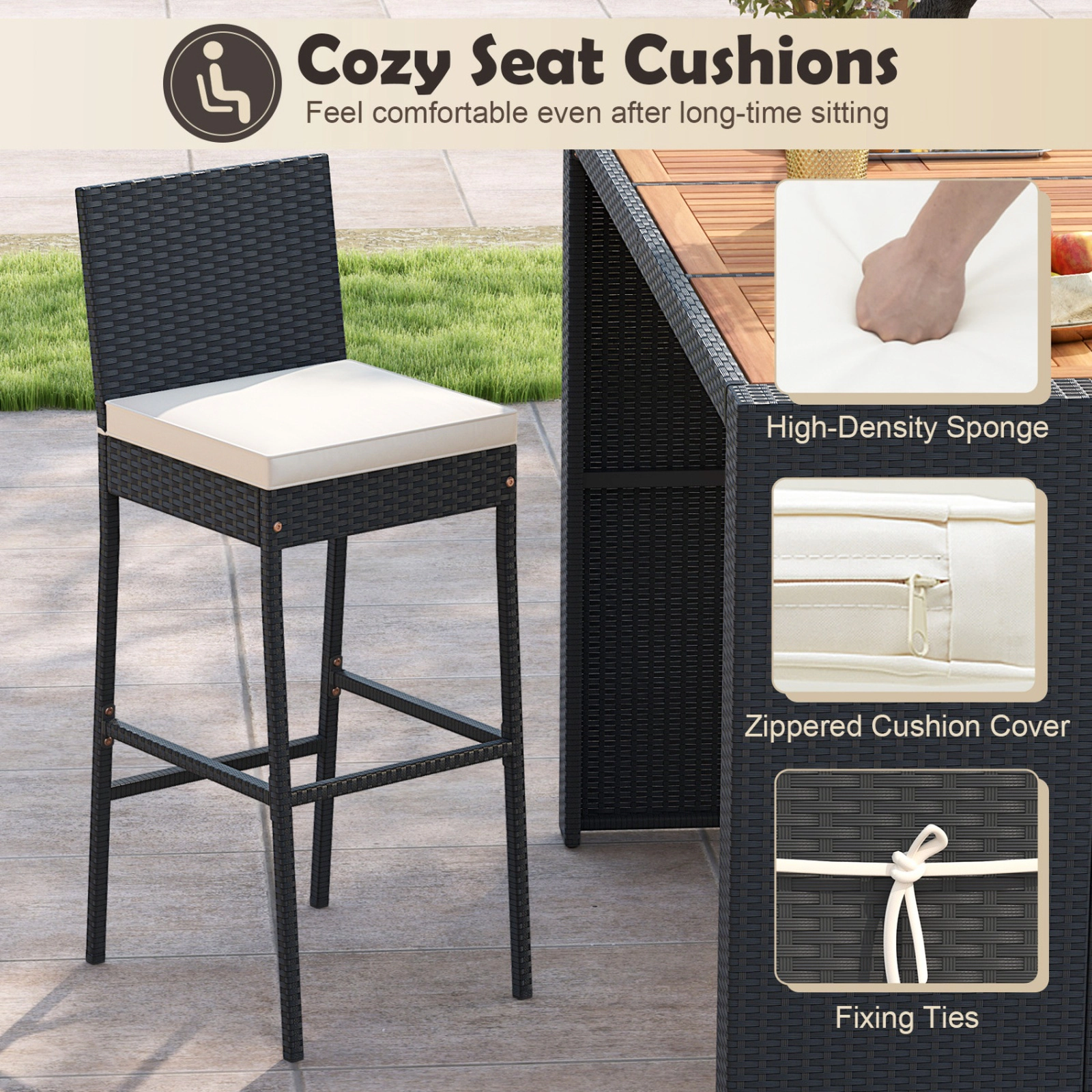 SUGIFT 7 Piece Patio Rattan Bar Set Black with 70 in Table and 6 Cushioned Stools