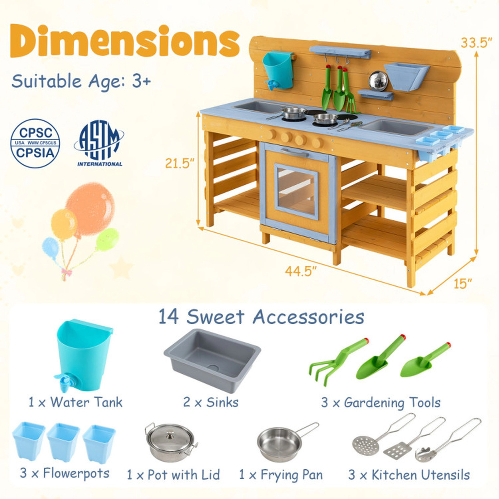 SUGIFT Natural 2 Sinks 4 Stoves Water Tank and 14 Accessories Kids Wooden Mud Kitchen