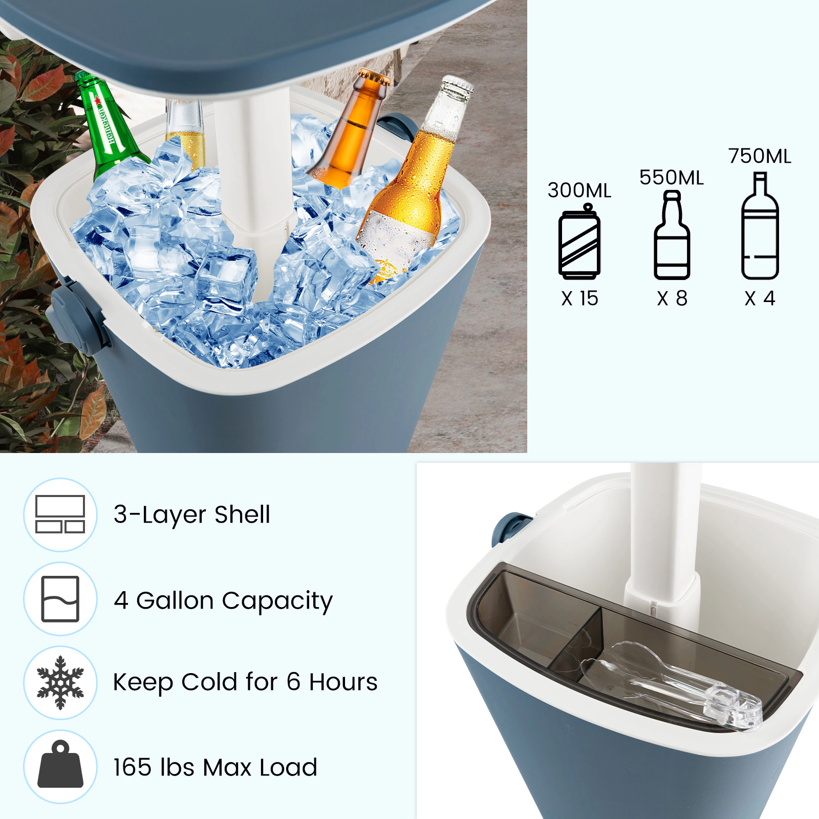 SUGIFT 3-in-1 Outdoor Cooler Side Table, Blue, 4-Gallon Capacity, Lift-Top Lid, Bottle Opener