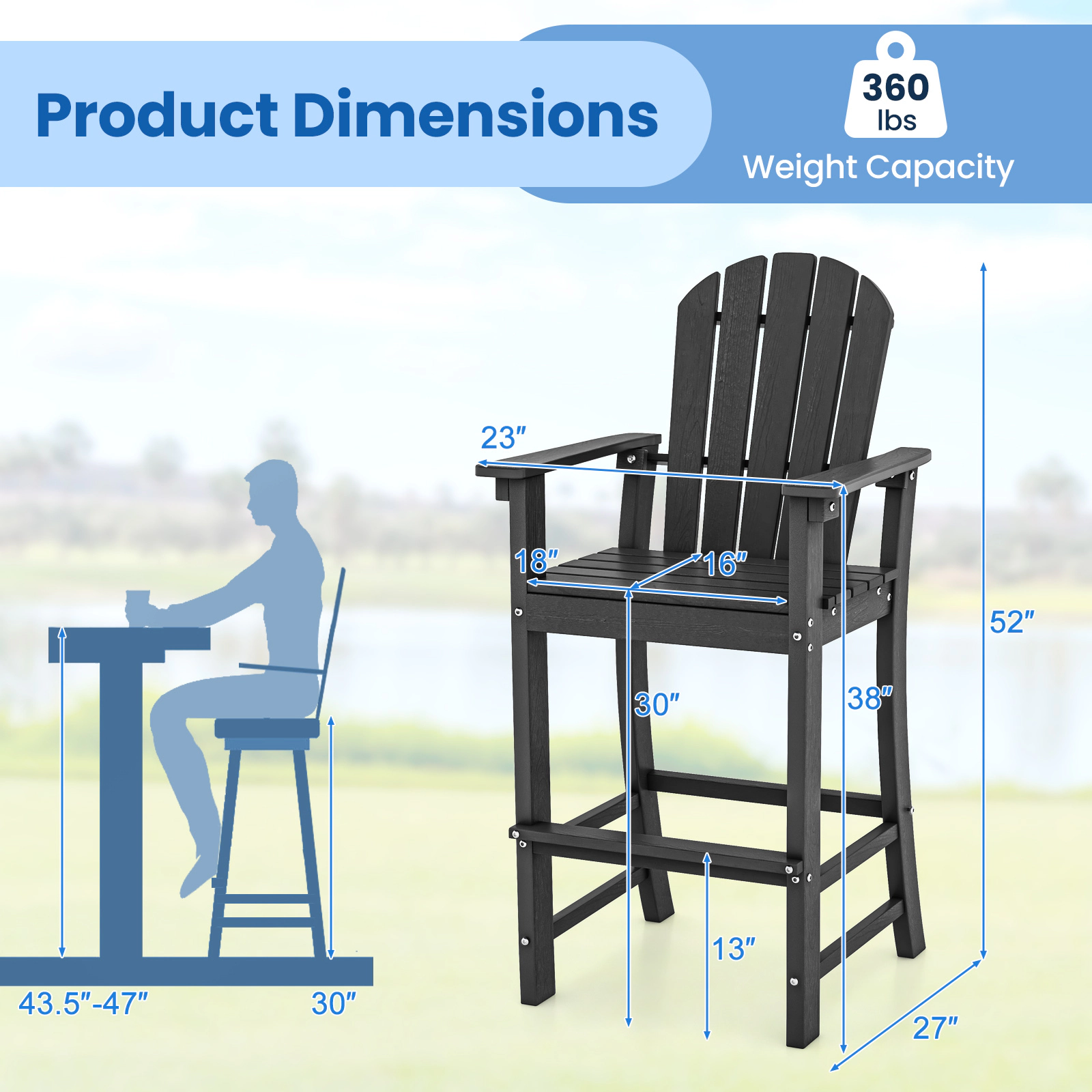 SUGIFT Set of 2 Black 30-Inch HDPE Outdoor Bar Stools with Armrests and Footrests