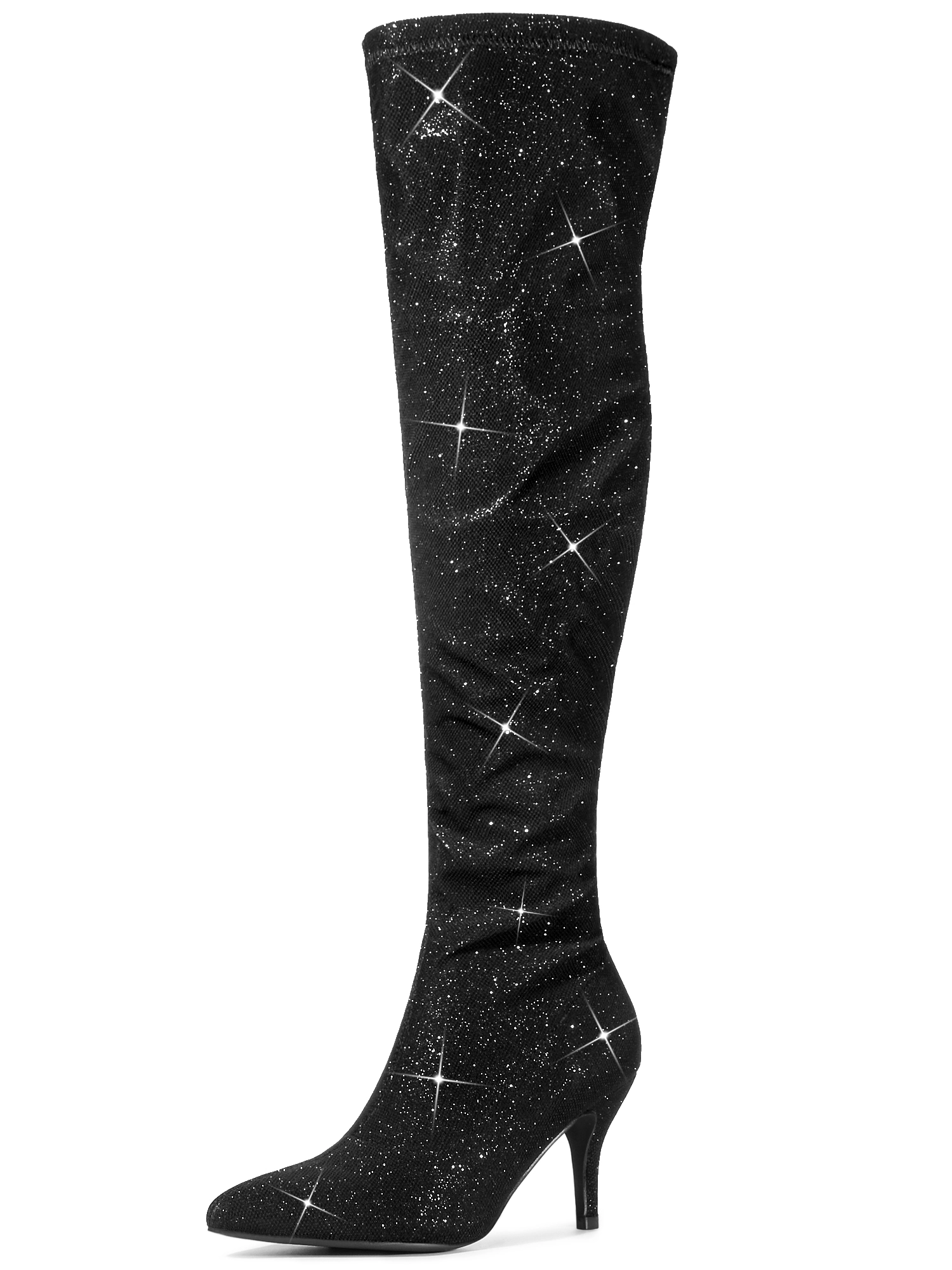 BLISSFUL STEP Women Glitter Pointed Toe Stiletto Heels Over the Knee Boots