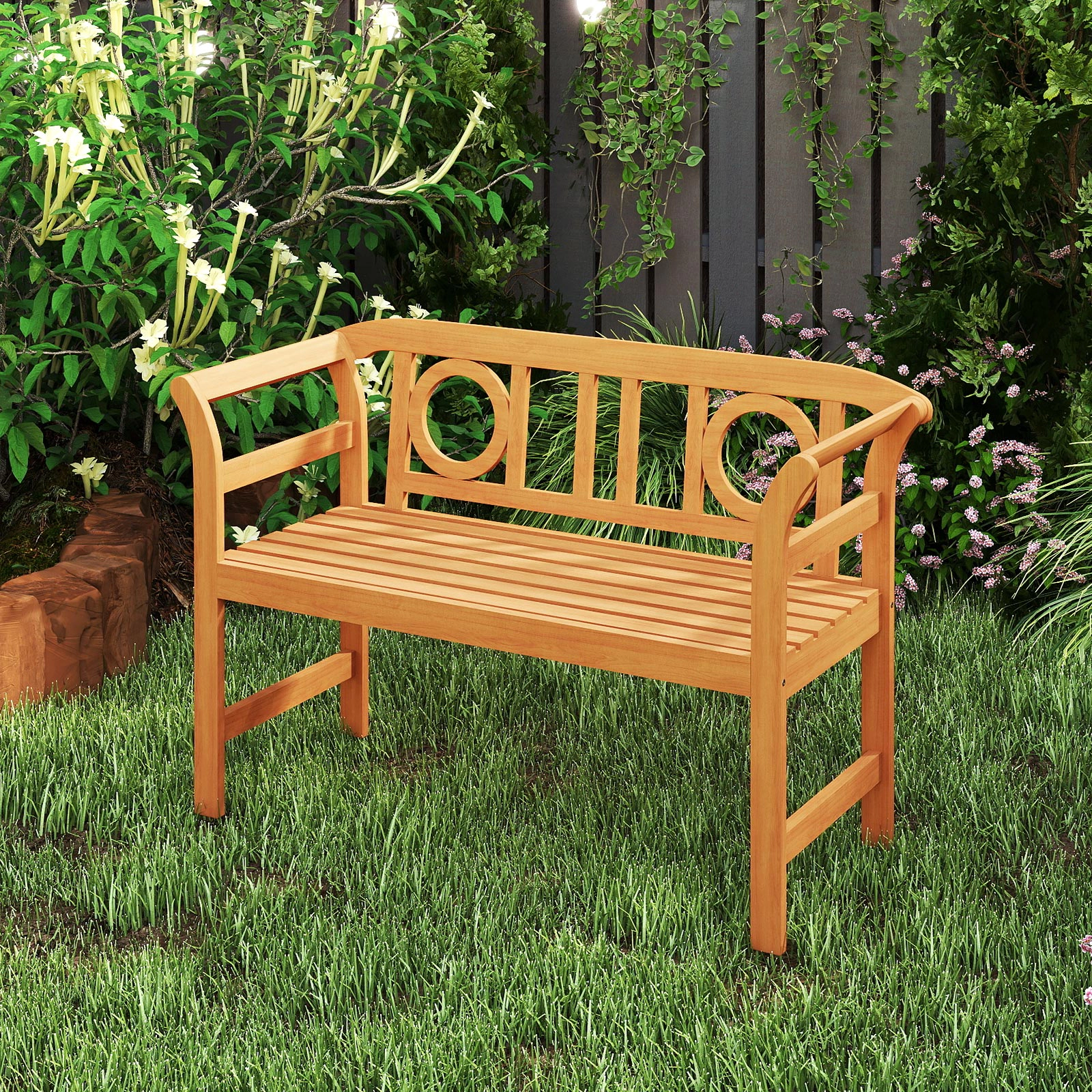 LJG Acacia Wood 2-Person Patio Loveseat with Backrest and Armrests for Backyard