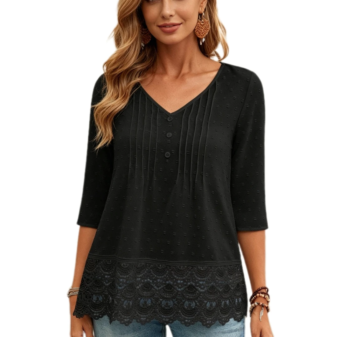 Coolmee Women 3/4 Sleeve Tops Dressy Casual Pleated Front Lace Hem Blouses V Neck Summer Shirts