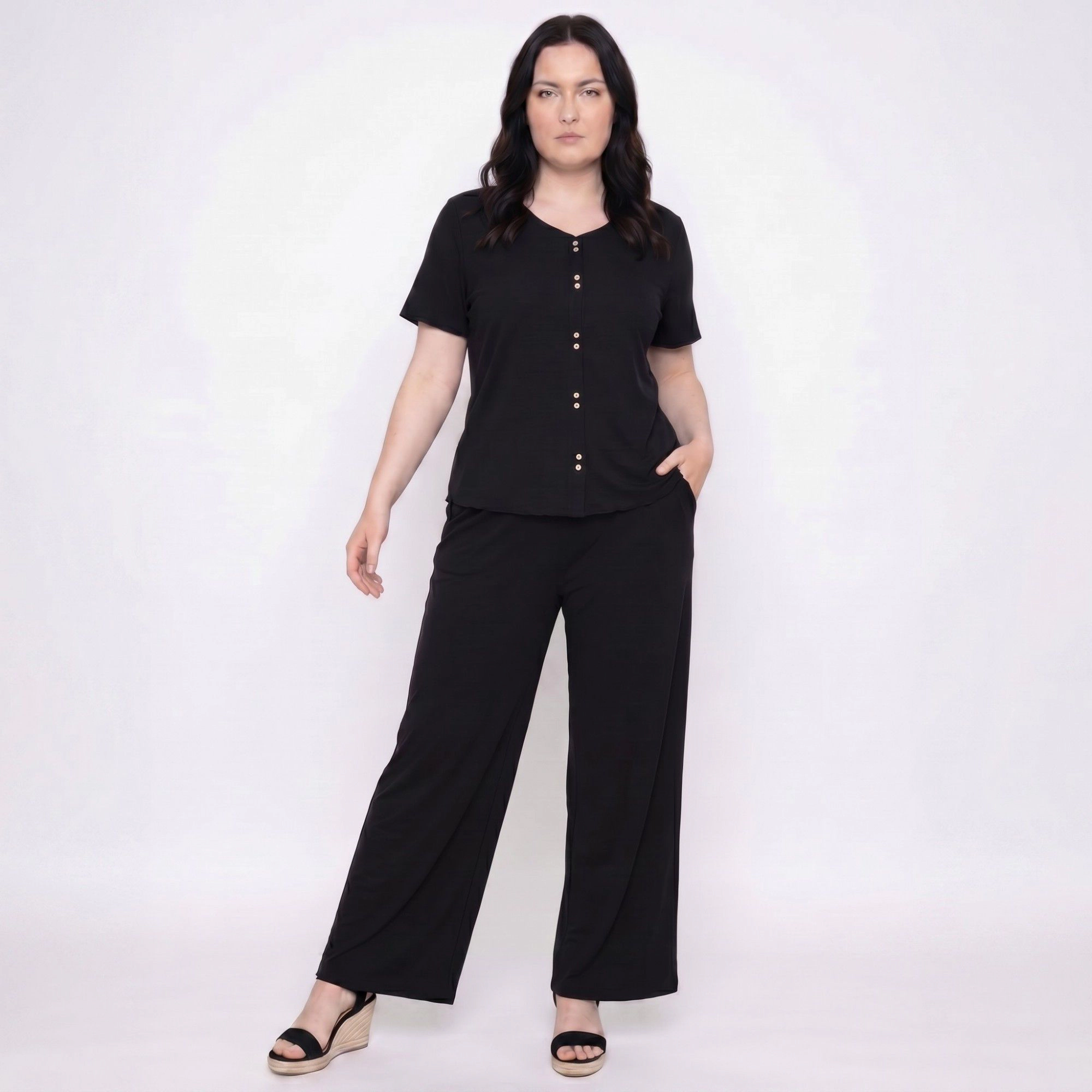 Anna-Kaci Women's Plus 2-Piece Short Sleeve Button Front Pajama Top and Wide Leg Pants Sleepwear Lounge Set