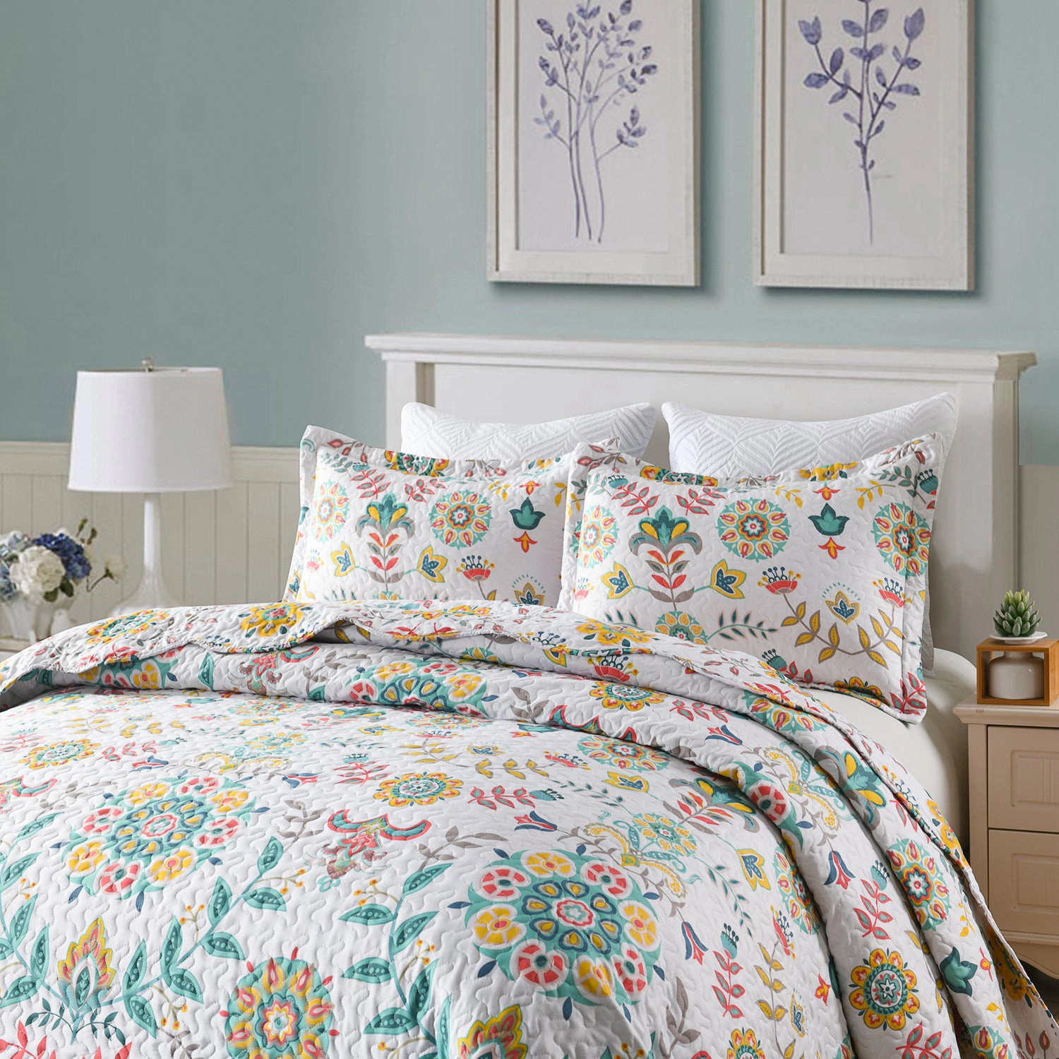 MarCielo 3 Piece Boho Floral Quilt Set, Medallion Bedspread Set