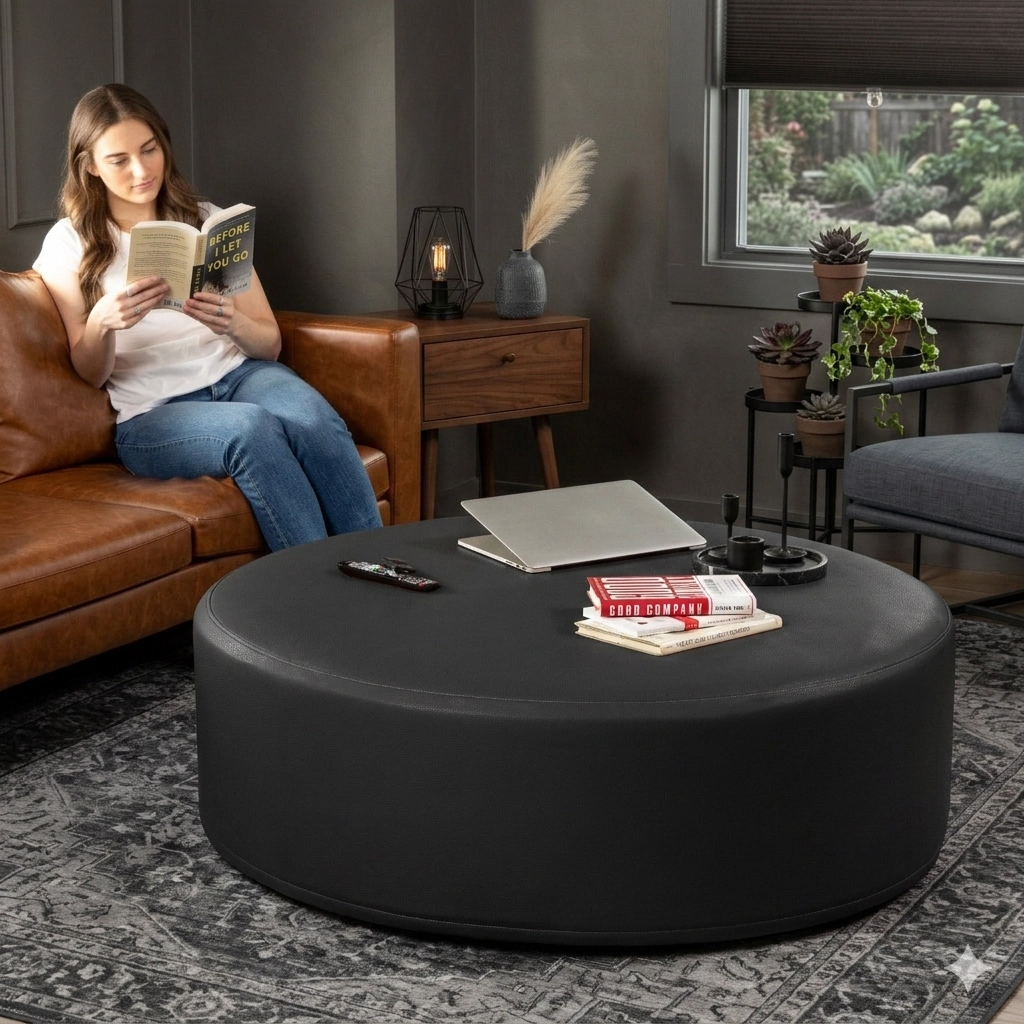 Jaxx Candler Round Couch Ottoman Versatile Firm Foam Construction, 44”, Premium Faux Leather