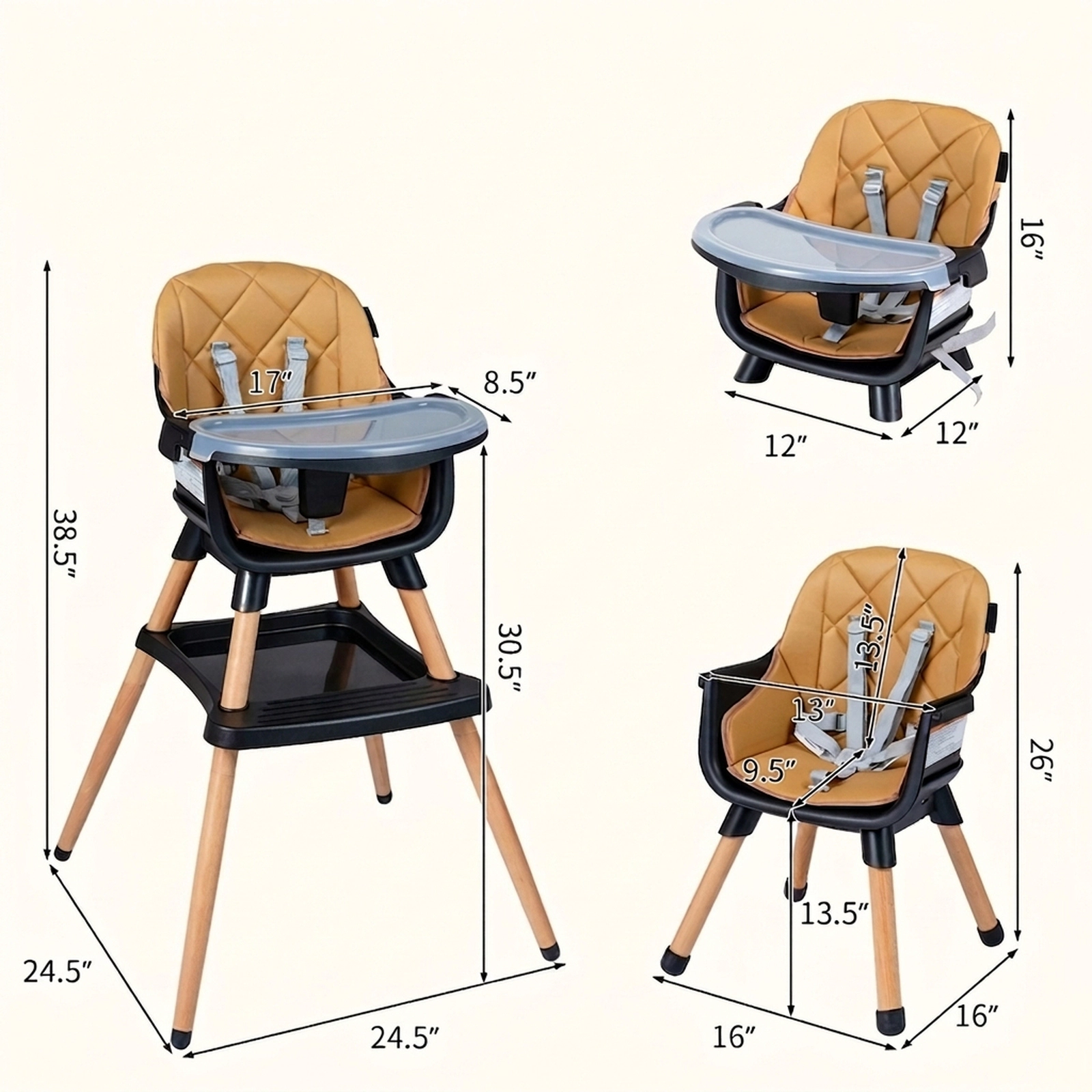 SUGIFT Black Beech Wood Legs PU Seat Cushion and Double Tray 9-in-1 Convertible Baby High Chair