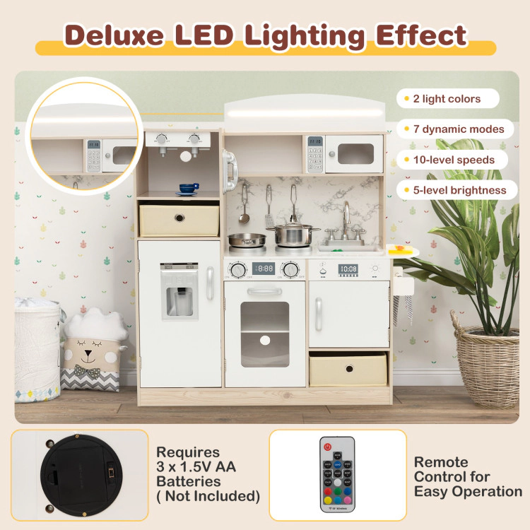 Hivvago Kids Kitchen Playset with Adjustable LED Lights Removable Fabric Bins