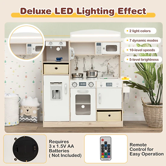 Hivvago Kids Kitchen Playset With Adjustable Led Lights Removable Fabric Bins