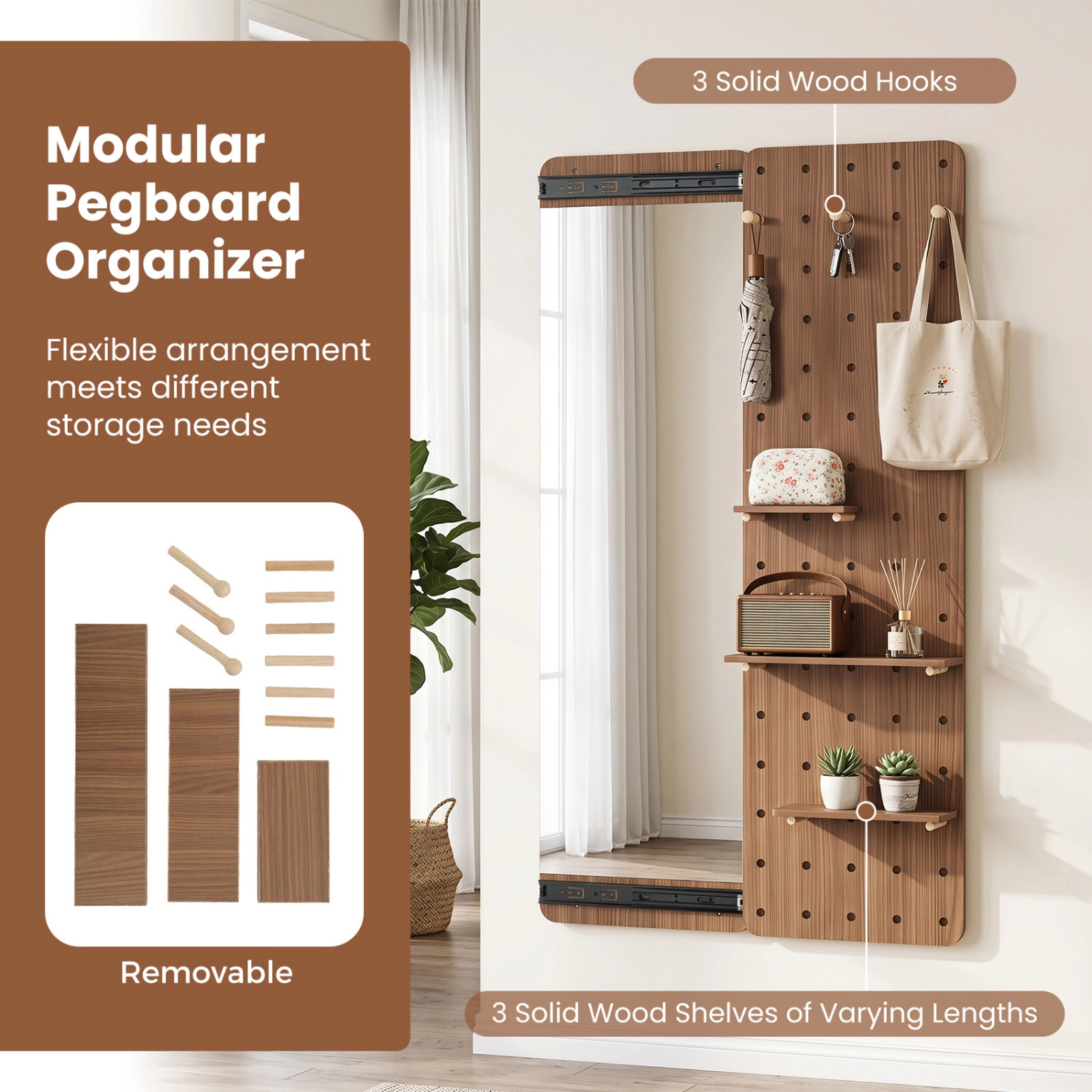 SUGIFT Full Length Mirror with Sliding Pegboard Shelves and Hooks Wall Mounted Entryway Storage Brown/Natural
