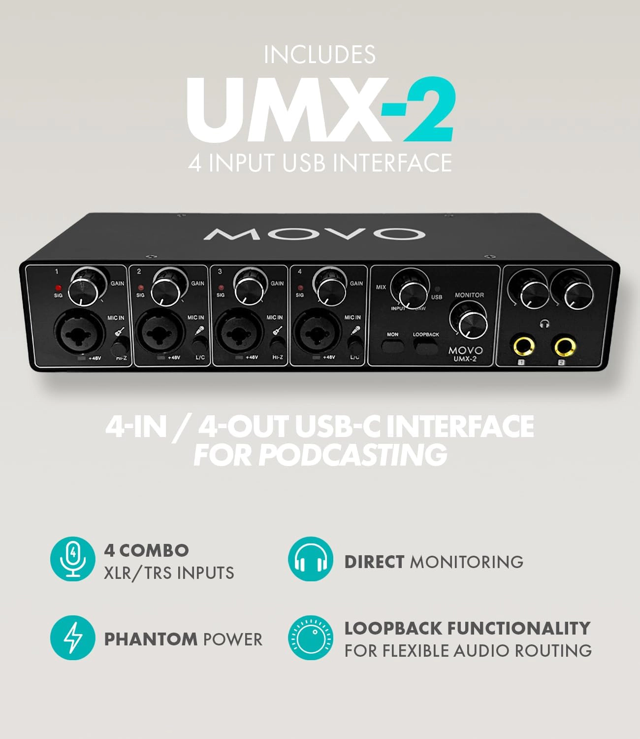 Movo Four Person Podcast Bundle with 4 Channel USB Audio Interface 4 CastMic Microphones and 4 Tabletop Stands