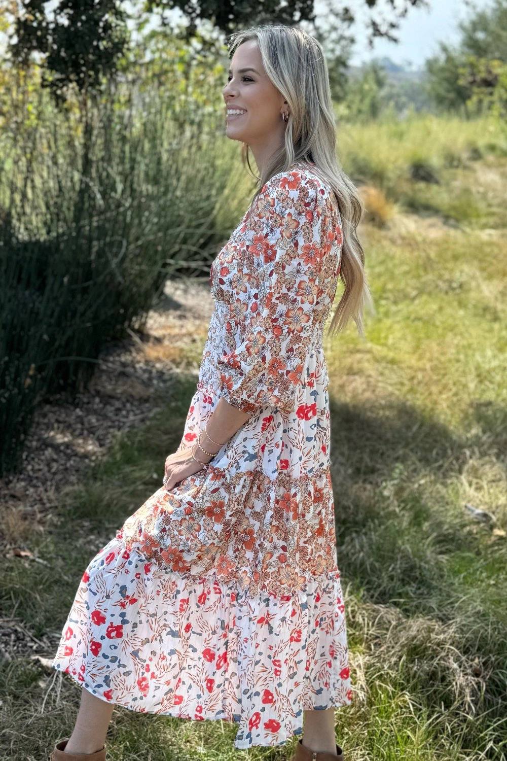Threaded Pear Women's Lily Floral Ruffled Tiered Midi Dress