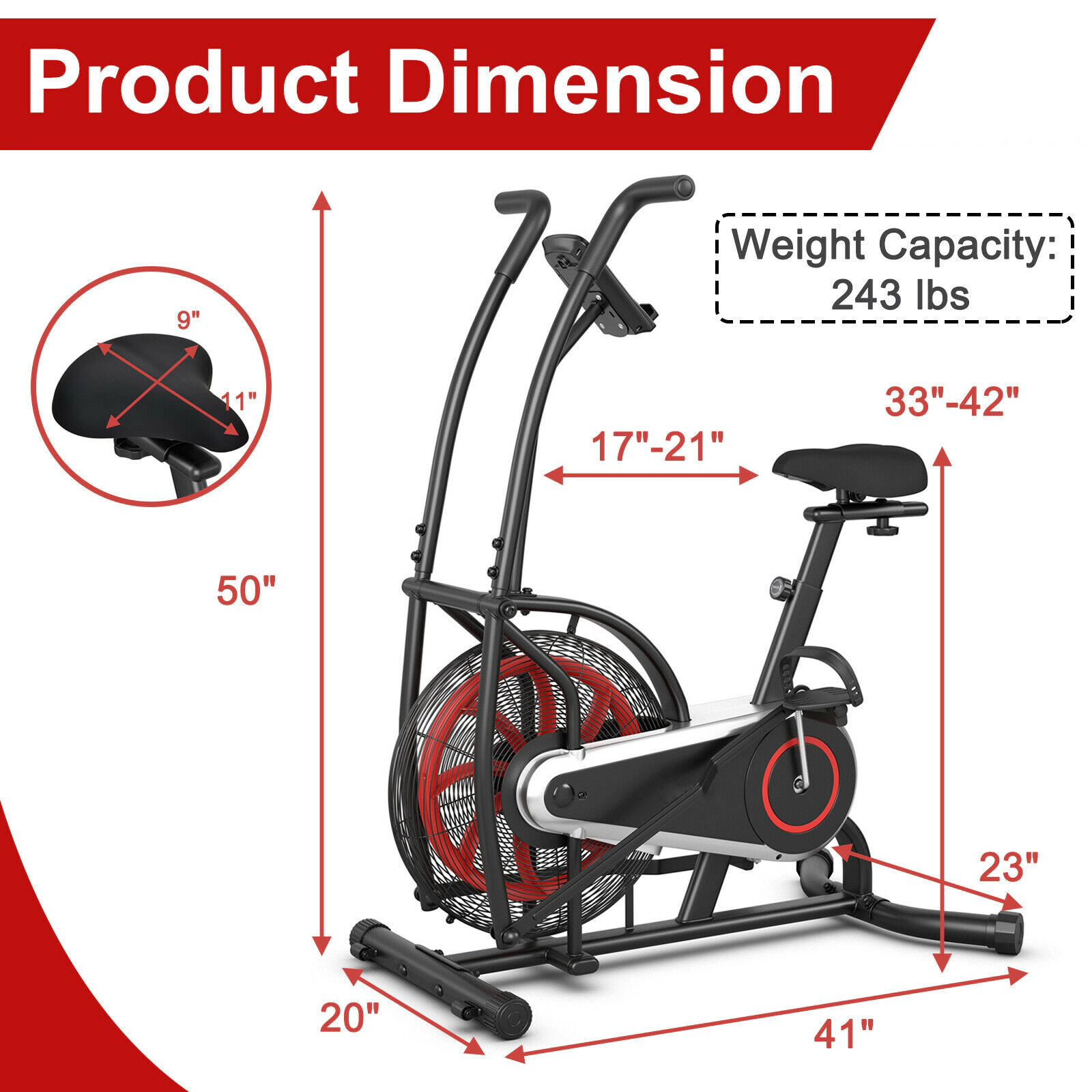 SUGIFT Unlimited Resistance Upright Air Bike Ab Machine 242.5-lb Capacity LCD Monitor Black and Red