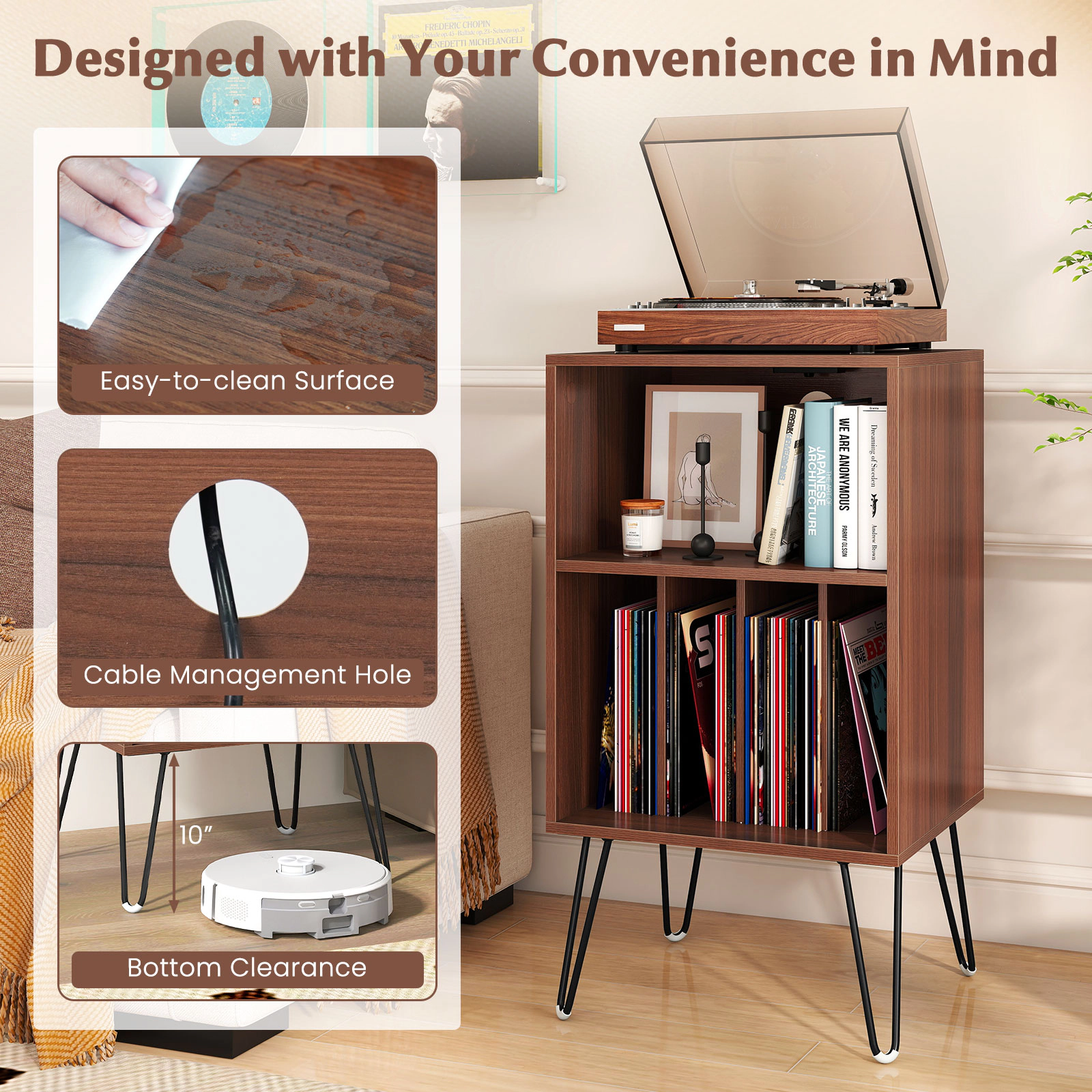 Glintex 35-Inch Tall Vinyl Record Stand with 3-Tier Storage and Charging Ports, Walnut