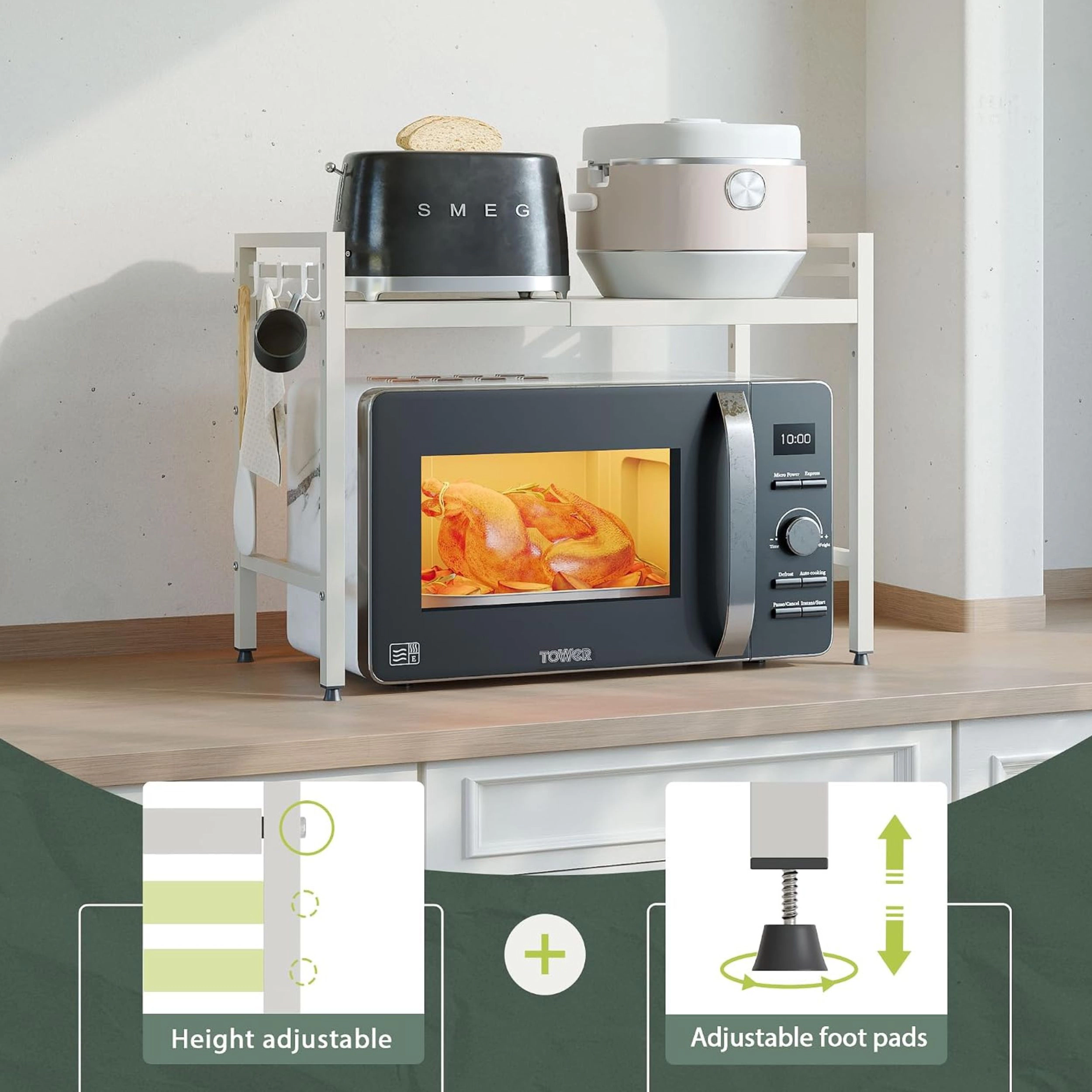 Stock Preferred 2Tier Expandable Microwave Stand with Hooks Adjustable Kitchen Storage Rack