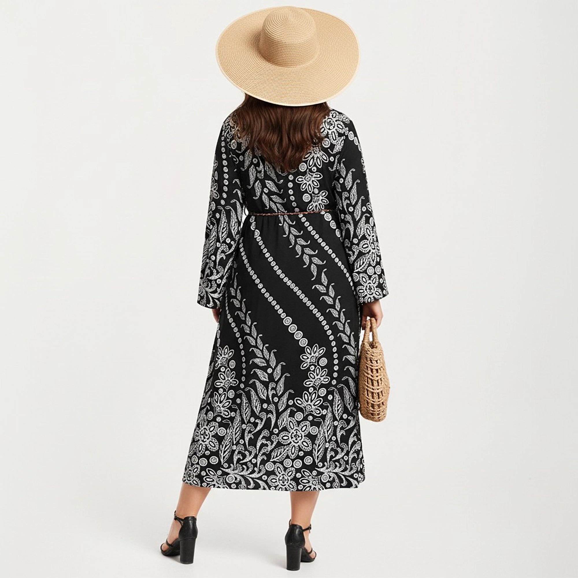 Anna-Kaci Women's Plus Paisley Print Long Sleeve Round Neck Adjustable Waist Tie Midi Dress