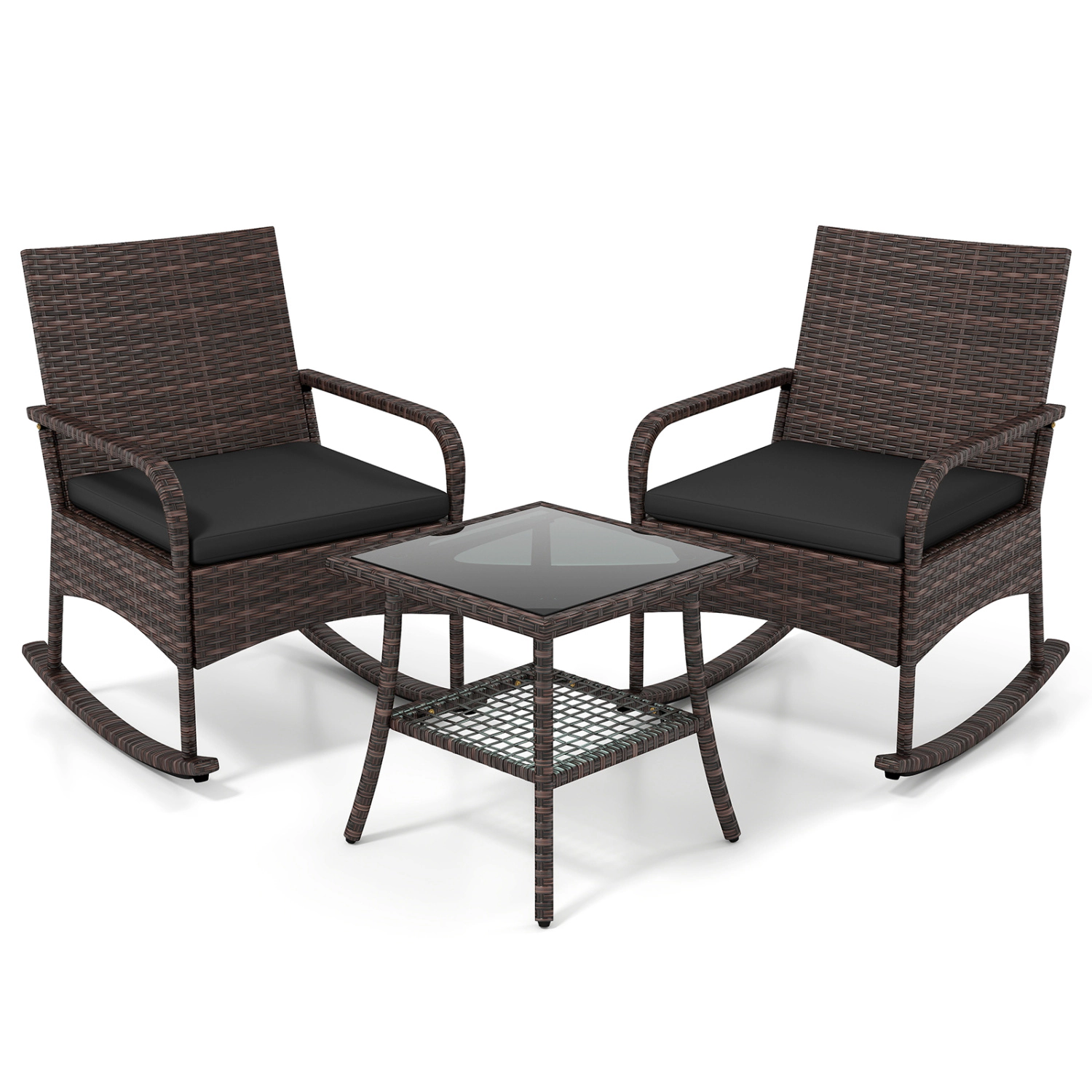LJG 3 Pieces PE Wicker Rocking Bistro Set with 2-Tier Side Table Cushions and Ergonomic Armchairs for Porch