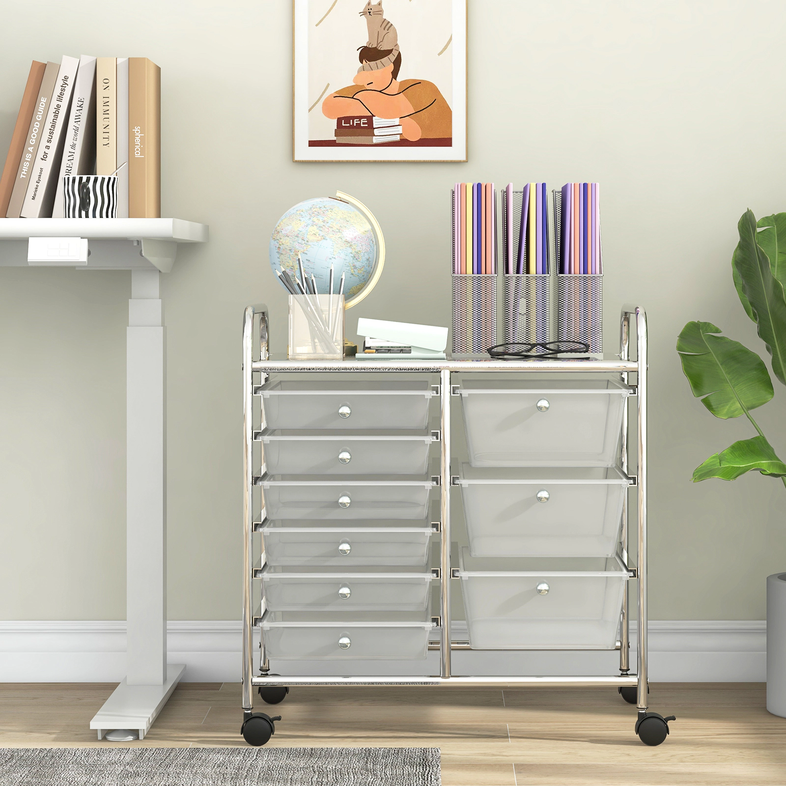 SUGIFT 9-Drawer Rolling Storage File Cabinet Cart 22-lb Tabletop Capacity White Silver Hot Pink