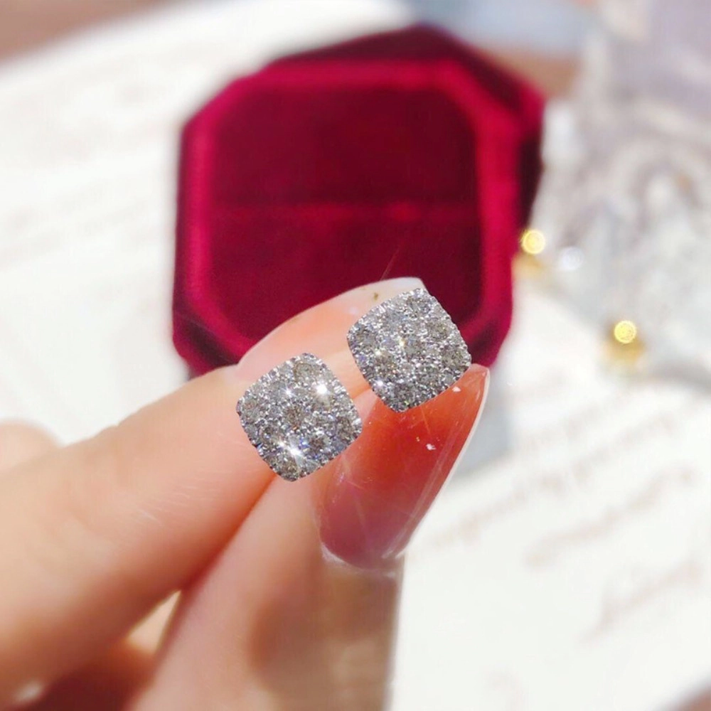 Wardrobe Whimsy Square Pave Set Cubic Zirconia Stud Earrings Minimalist Sparkling Fashion Jewelry