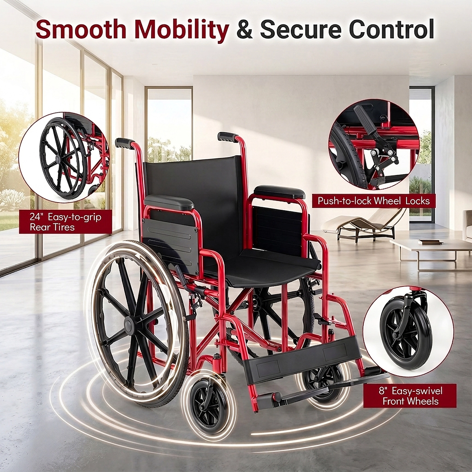 SUGIFT Red Folding Wheelchair, 330-Lb Capacity, Swing-Away Footrests, Desk-Length Arms