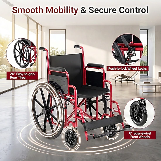 SUGIFT Red Folding Wheelchair, 330-Lb Capacity, Swing-Away Footrests, Desk-Length Arms