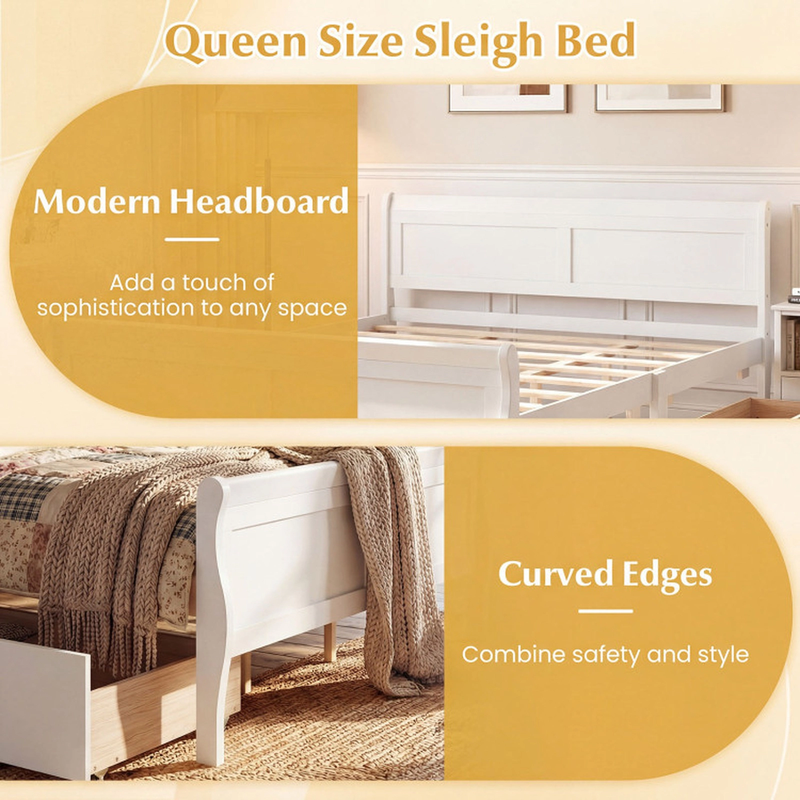 SUGIFT Modern Headboard Queen Bed Frame with 2 Storage Drawers and Footboard 350-Lb Capacity White