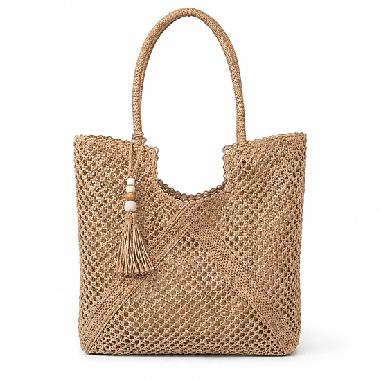 Alilang Women's Open Weave Beach Tote Bag with Zip Closure Rope Handles and Tassel Accent, Beige