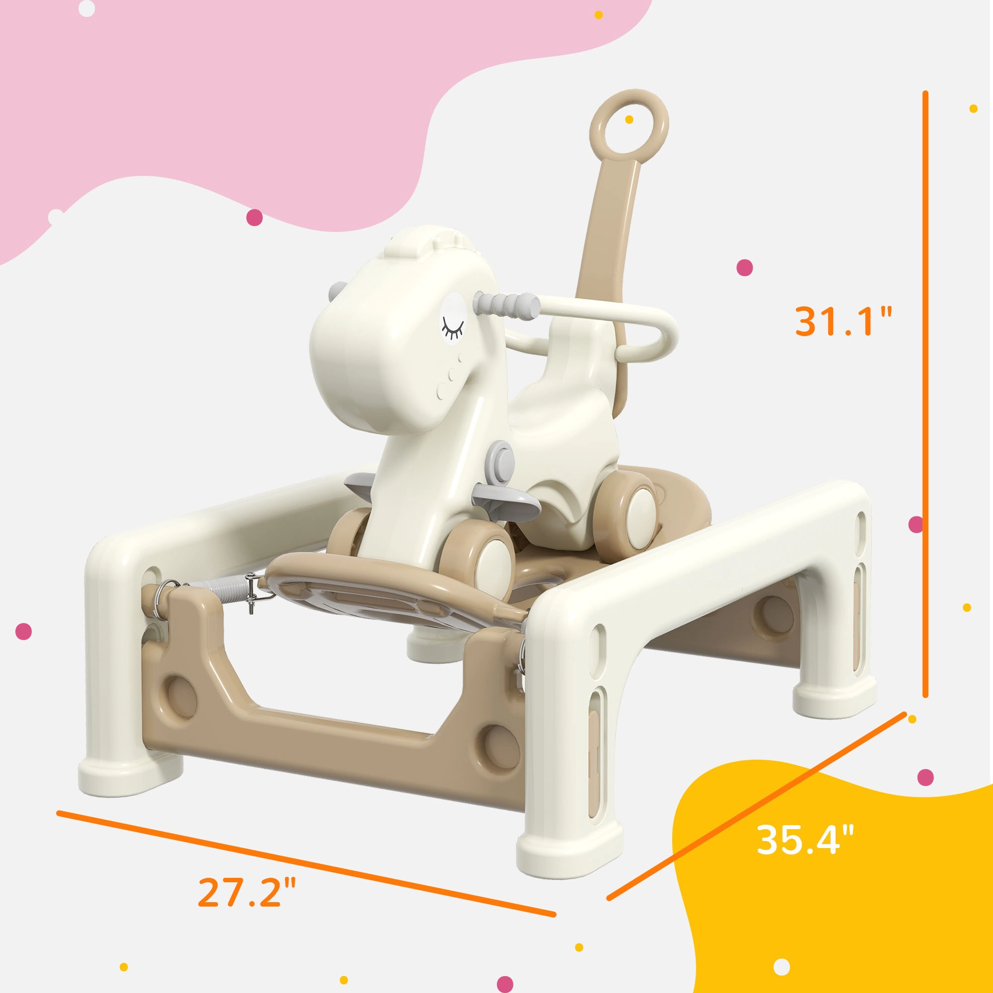 HONGGE 5-in-1 Ride-On Rocking Horse for Toddlers 1-3 Years, Detachable Balance Board & Push Handle, Cream White