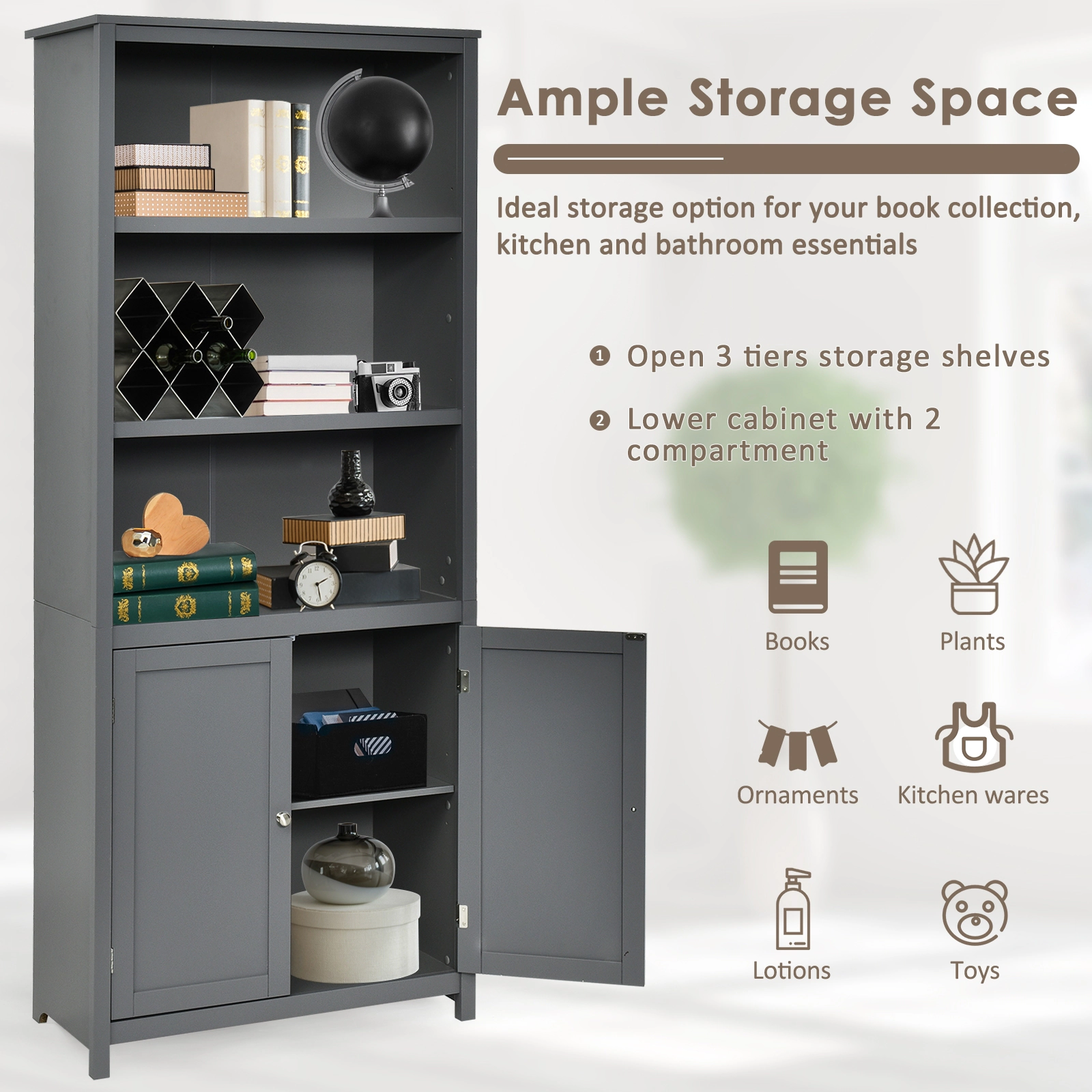 SUGIFT Gray 72 in Bookcase with 3 Open Shelves and Bottom Storage Cabinet