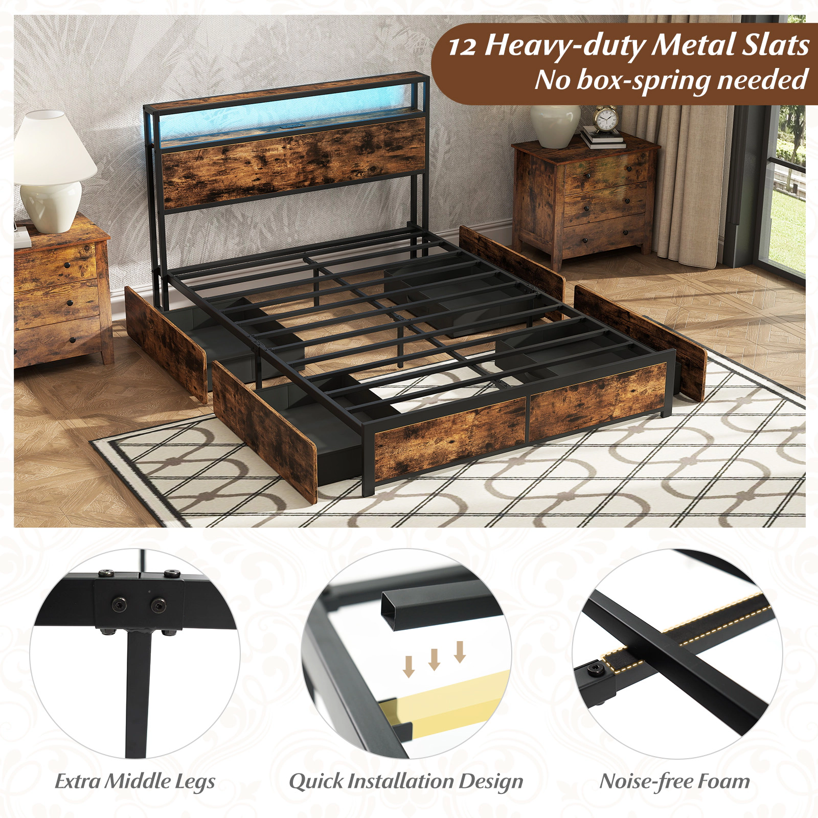 SUGIFT Full Size LED Bed Frame with Charging Station and 4 Storage Drawers 880-lb Capacity Rustic Brown + Black