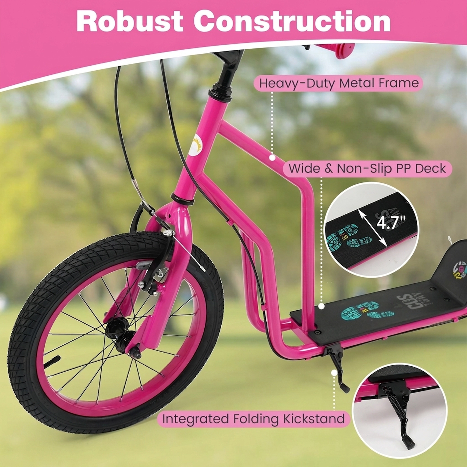 SUGIFT Pink 110-lb Capacity Kick Scooter with 16-in Front and 14-in Rear Inflatable Wheels and Hand Brakes