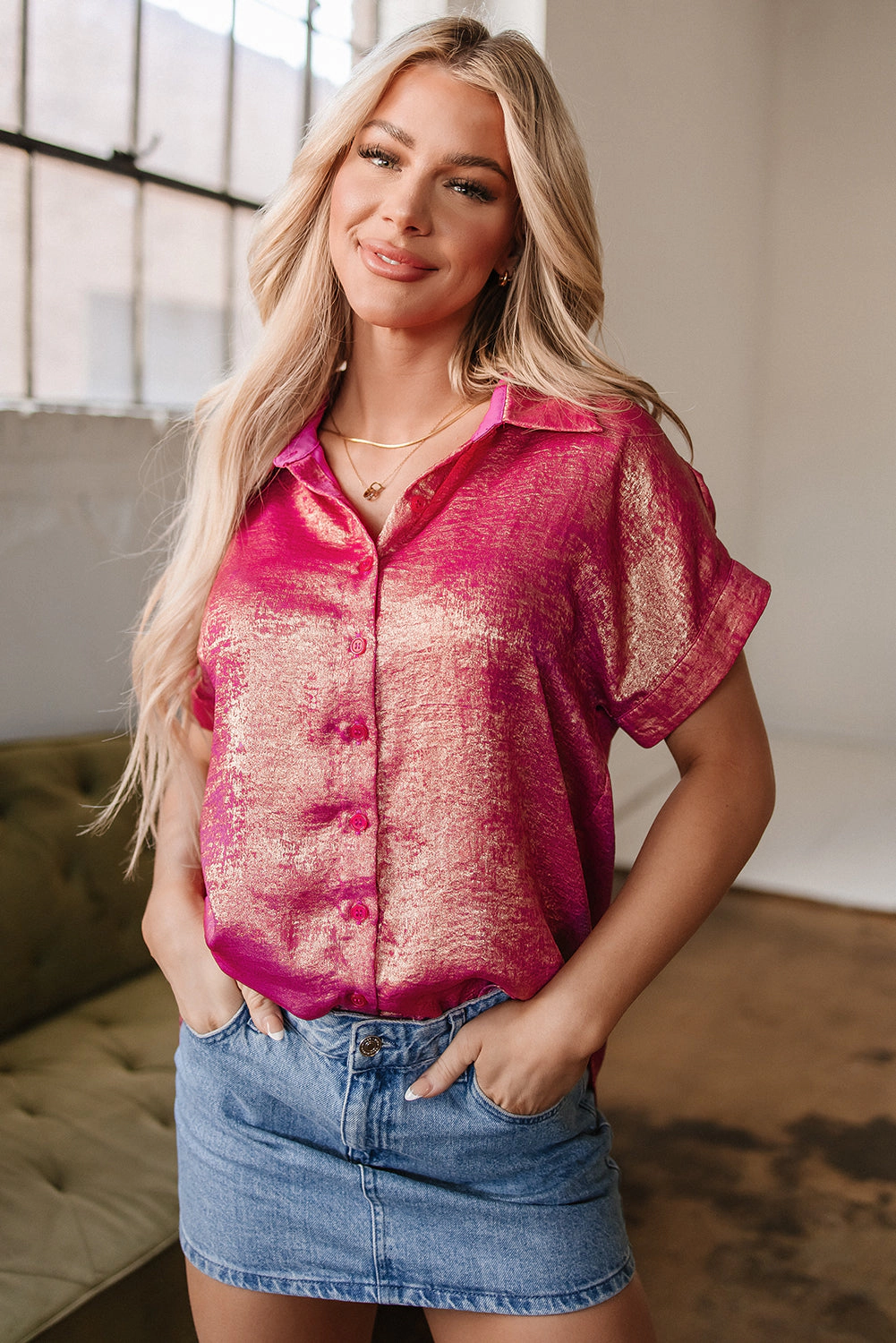 Threaded Pear Women's Amoura Metallic Sheen Buttoned Top