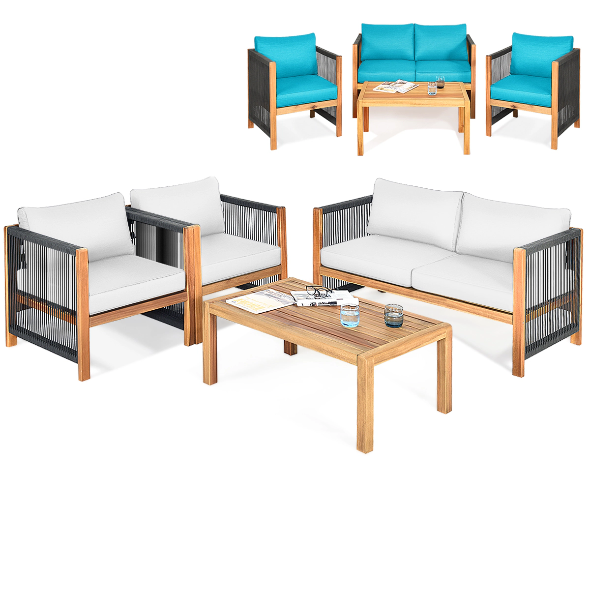 LJG 4 Pieces Wood Outdoor Patio Furniture Set with Cushions for Garden