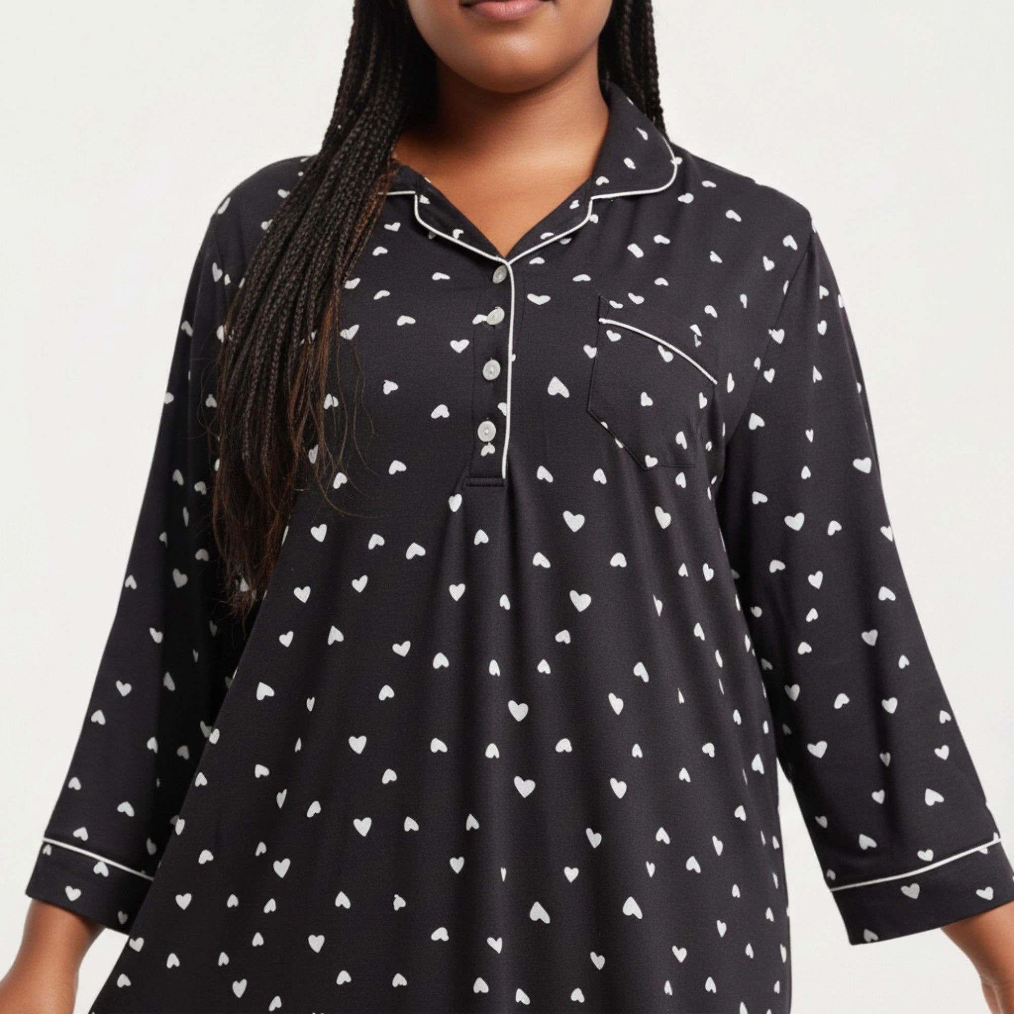 Anna-Kaci Women's Valentine Heart Print Long Sleeve Maxi Nightgown with Soft Stretch Fabric Classic Piped Collar Detail